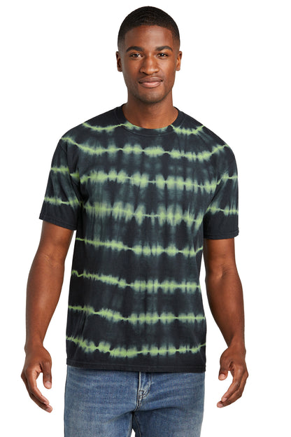 Front View of GrnTea/Blk Port & Company Allover Stripe Tie-Dye Tee PC142