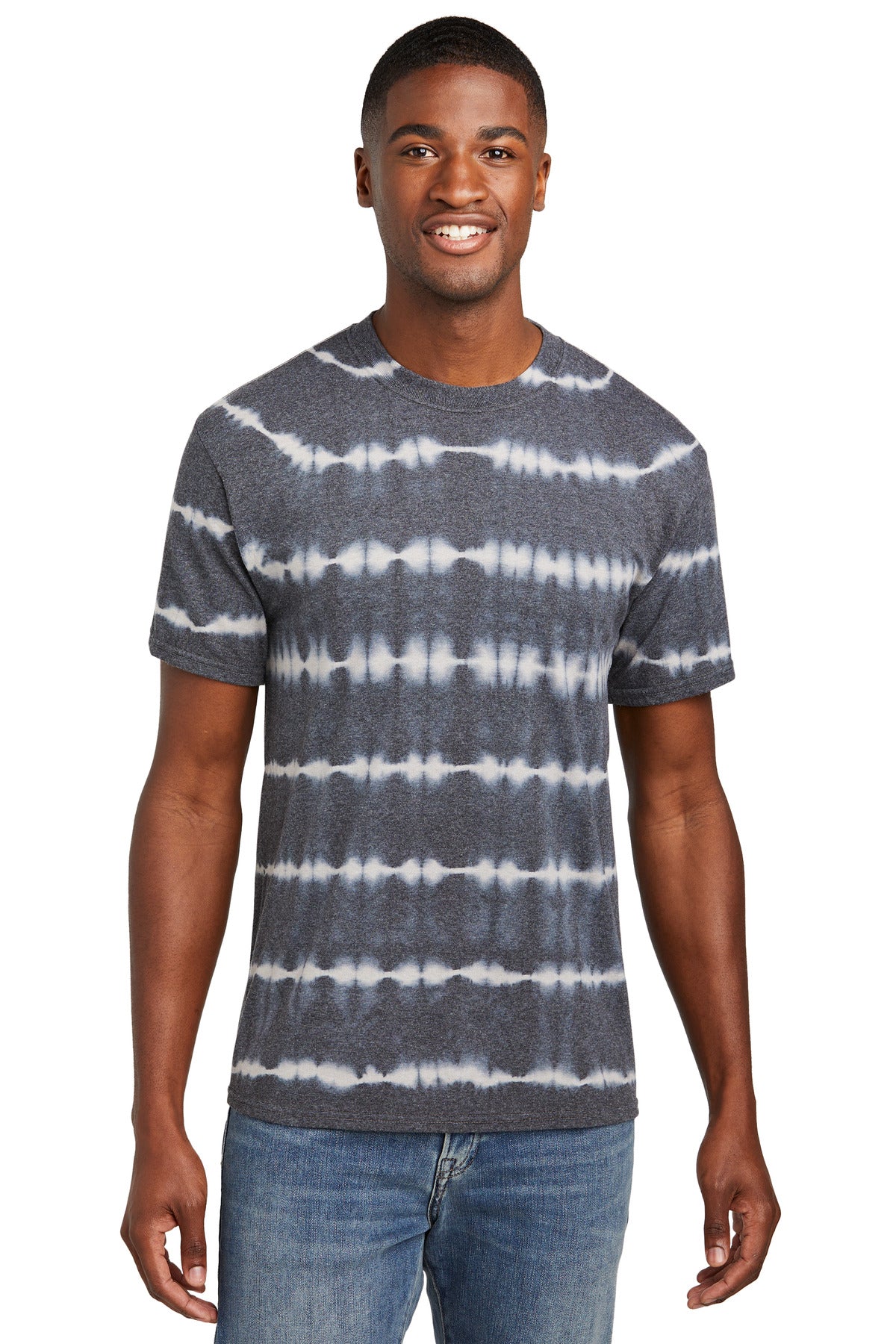 Front View of Grph/LtGry Port & Company Allover Stripe Tie-Dye Tee PC142
