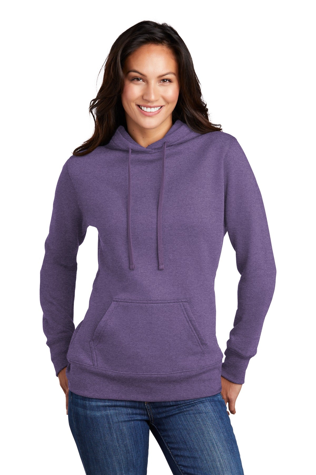 Front View of Heather Purple Port & Company Women's Core Fleece Pullover Hooded Sweatshirt LPC78H