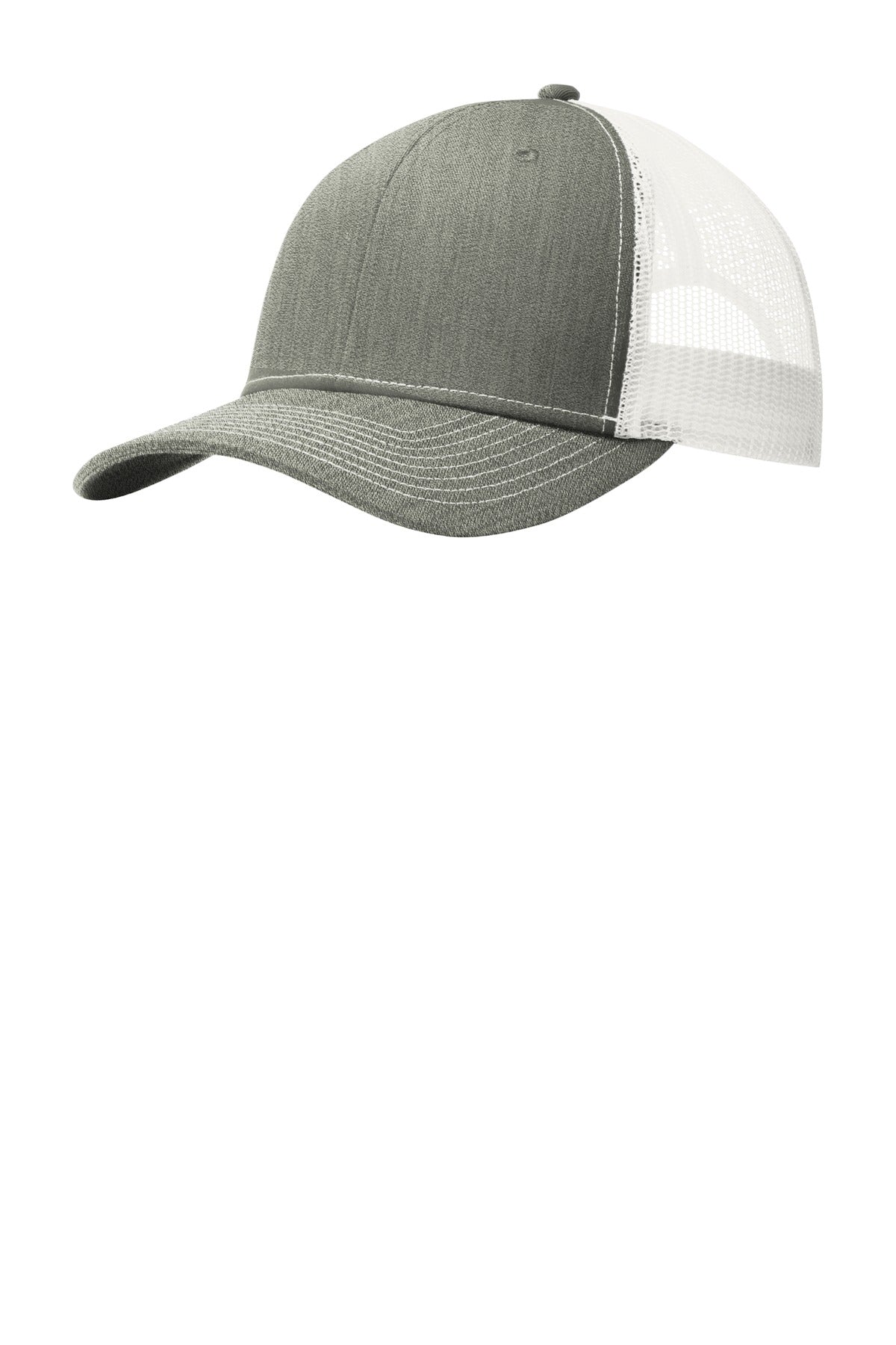 Front View of Hthr Gry/White Port Authority Snapback Trucker Cap. C112