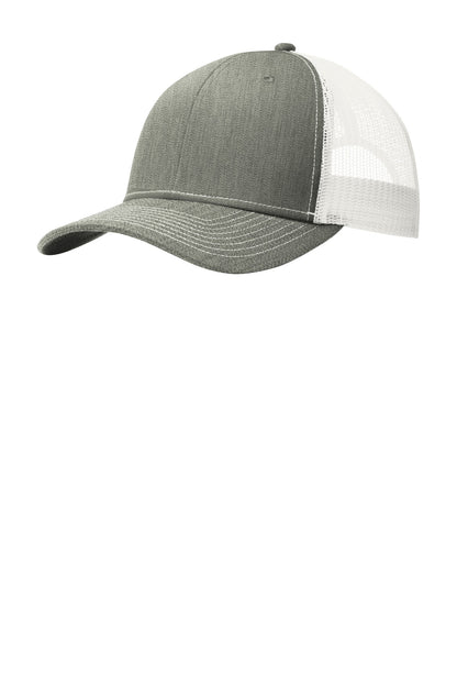Front View of Hthr Gry/White Port Authority Snapback Trucker Cap. C112