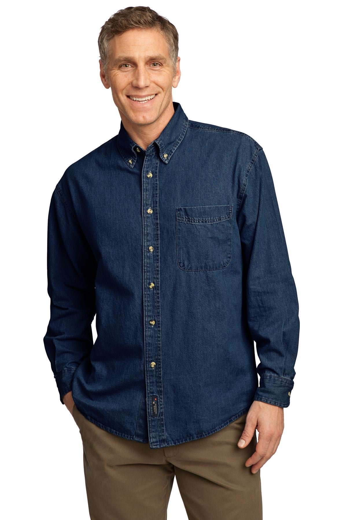 Front View of Ink Port & Company - Long Sleeve Value Denim Shirt. SP10