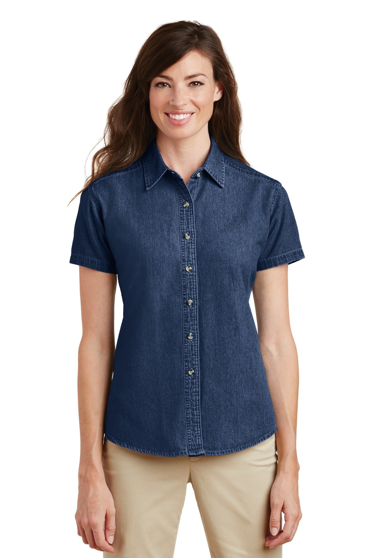 Front View of Ink Port & Company Women's Short Sleeve Value Denim Shirt. LSP11