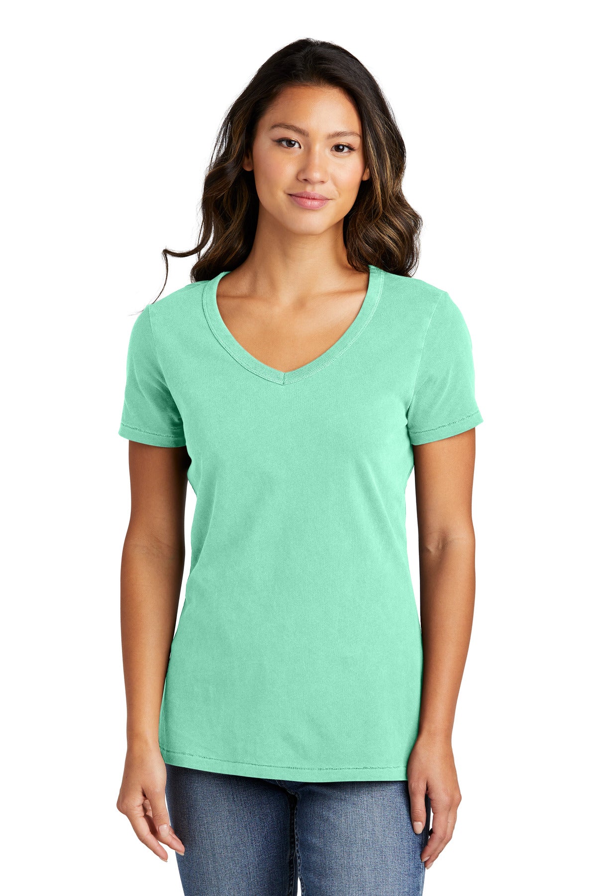 Front View of Jadeite Port & Company Women's Beach Wash Garment-Dyed V-Neck Tee LPC099V