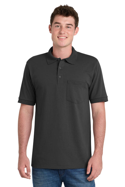 Front View of Jet Black Port & Company Core Blend Jersey Knit Pocket Polo. KP55P
