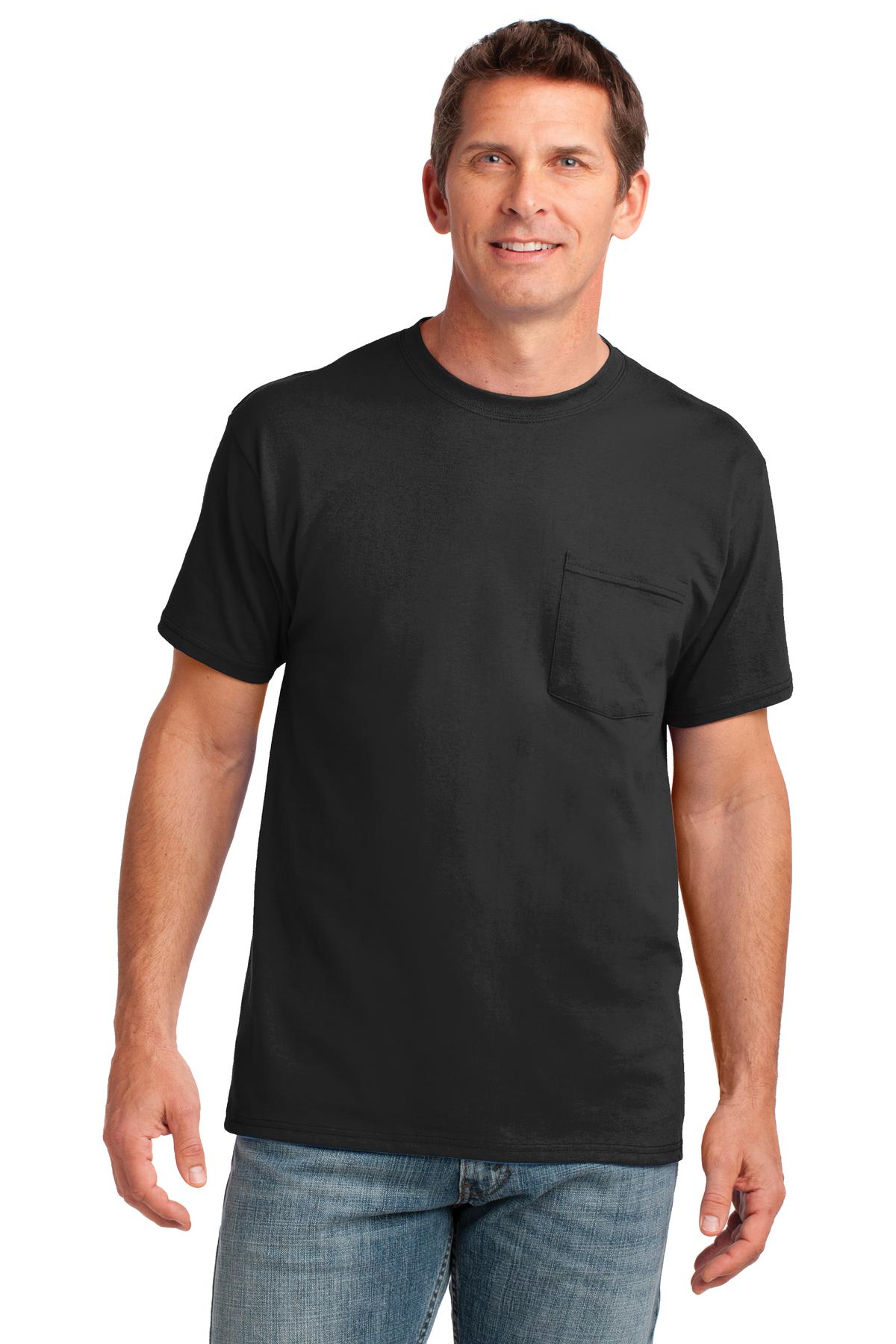 Front View of Jet Black Port & Company Core Cotton Pocket Tee. PC54P