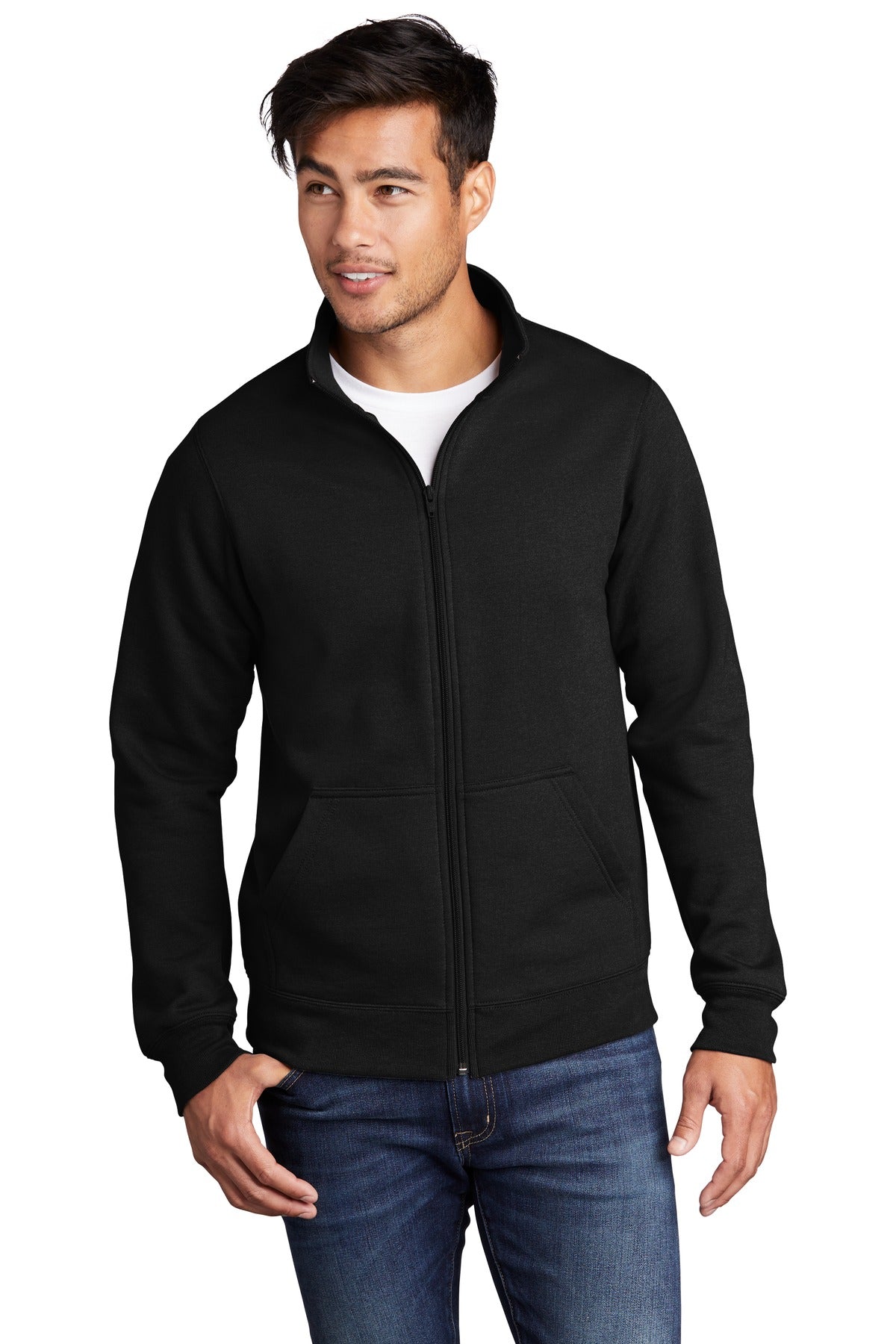 Front View of Jet Black Port & Company Core Fleece Cadet Full-Zip Sweatshirt PC78FZ