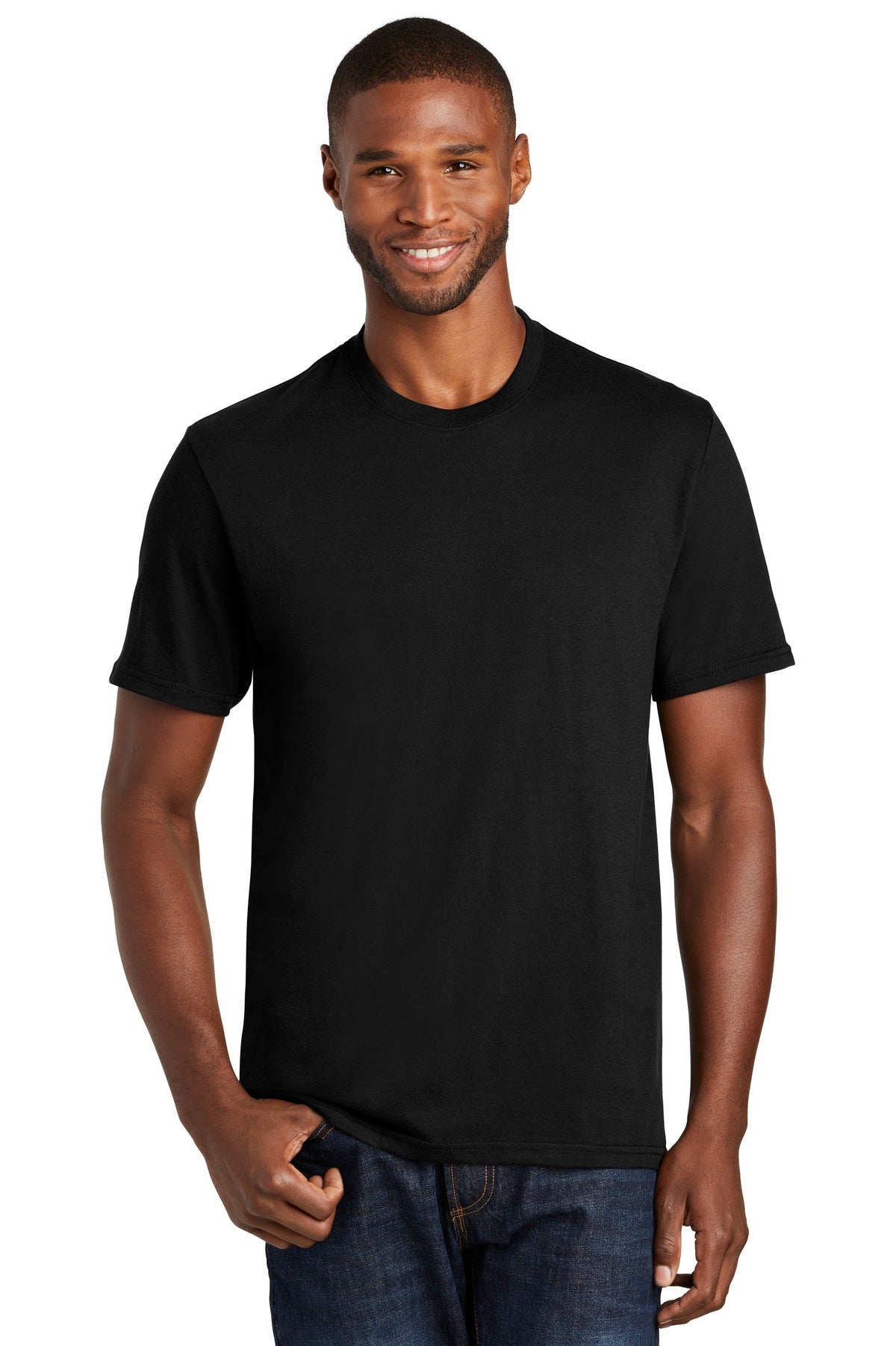 Front View of Jet Black Port & Company Fan Favorite Blend Tee. PC455
