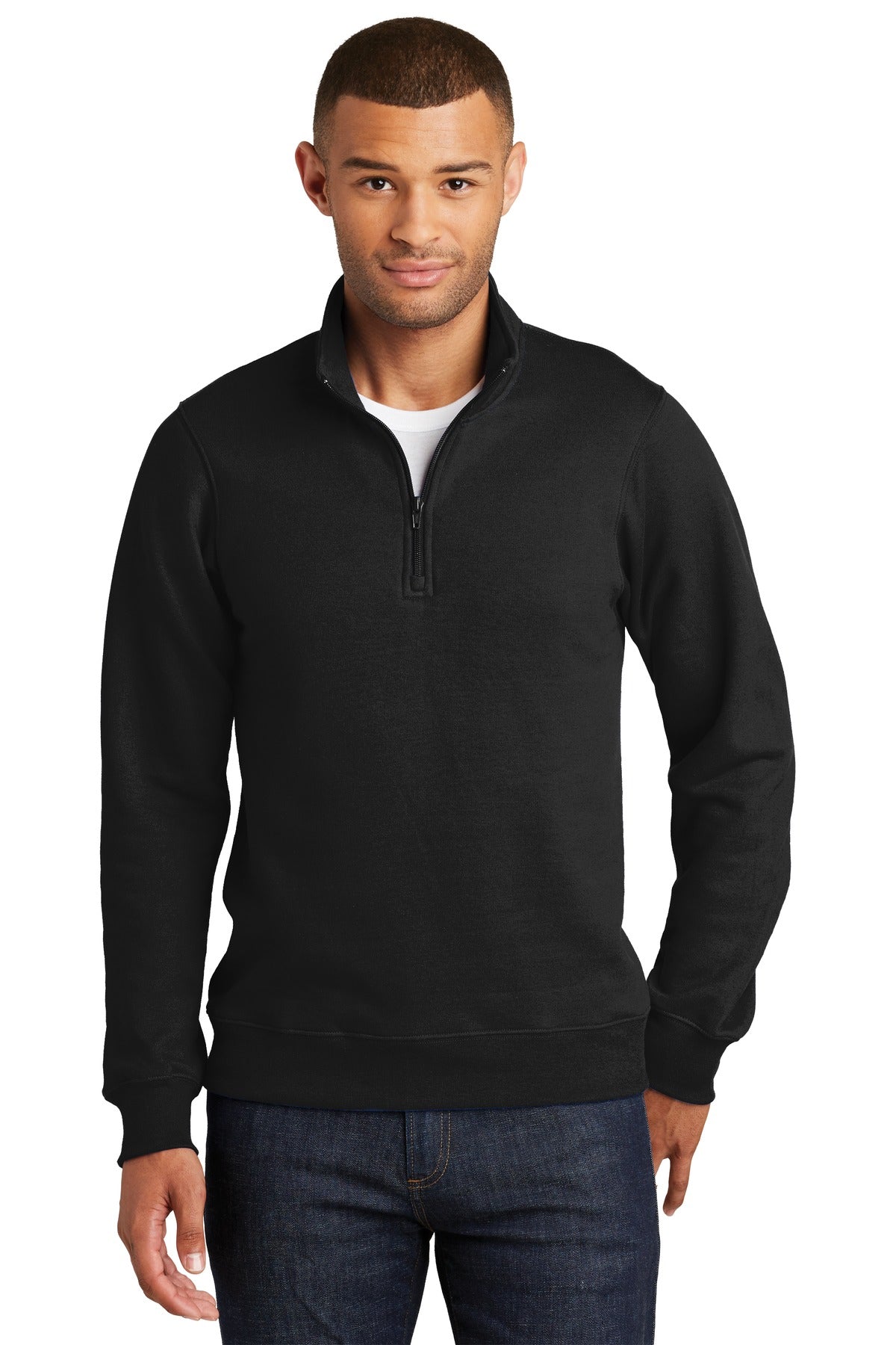 Front View of Jet Black Port & Company Fan Favorite Fleece 1/4-Zip Pullover Sweatshirt. PC850Q