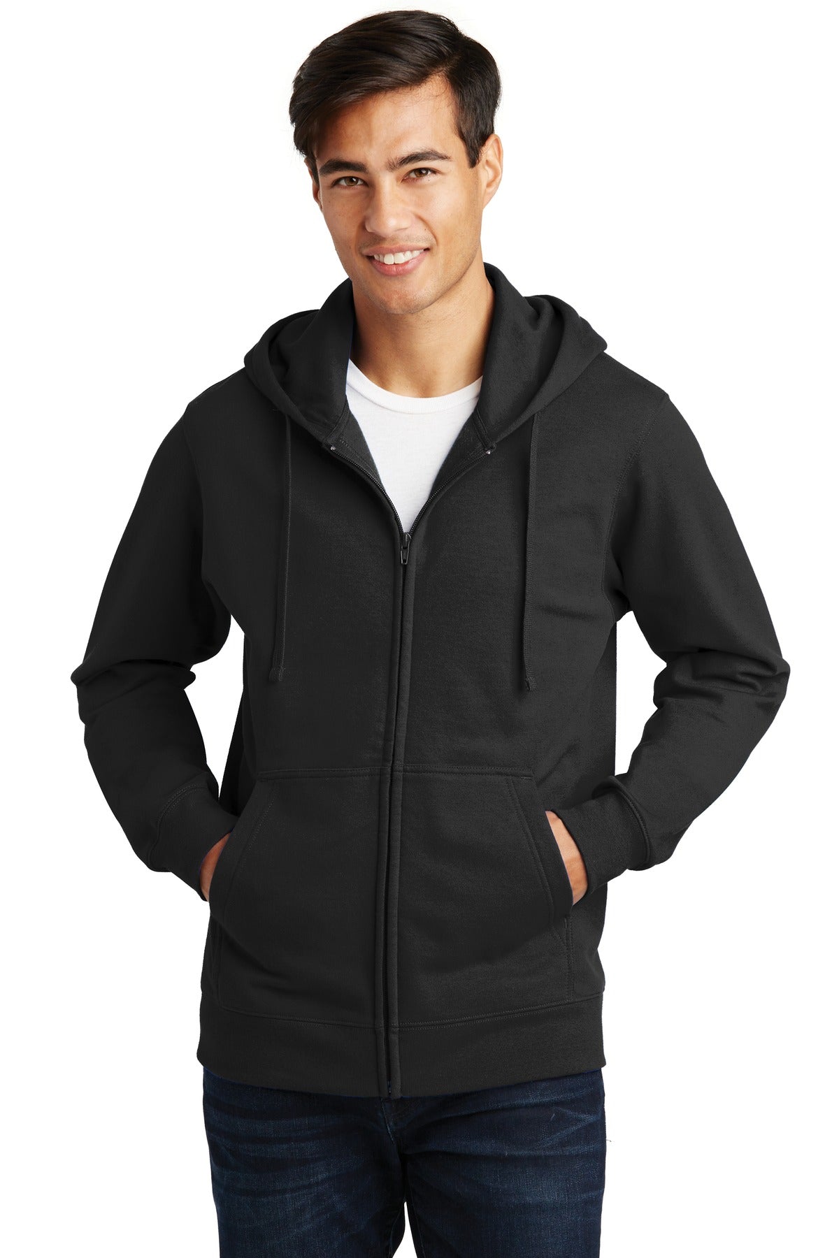 Front View of Jet Black Port & Company Fan Favorite Fleece Full-Zip Hooded Sweatshirt. PC850ZH