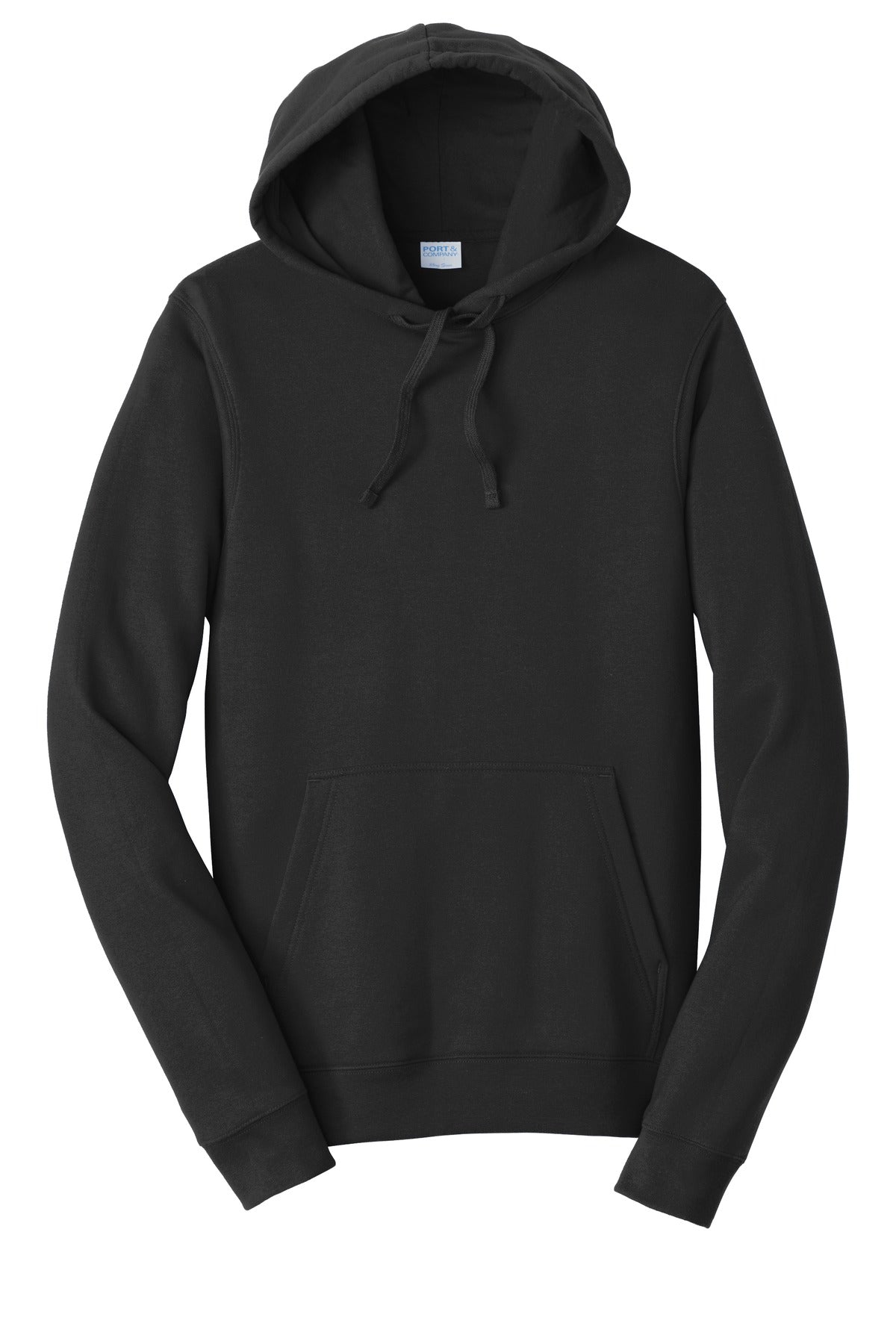 Front View of Jet Black Port & Company Fan Favorite Fleece Pullover Hooded Sweatshirt. PC850H