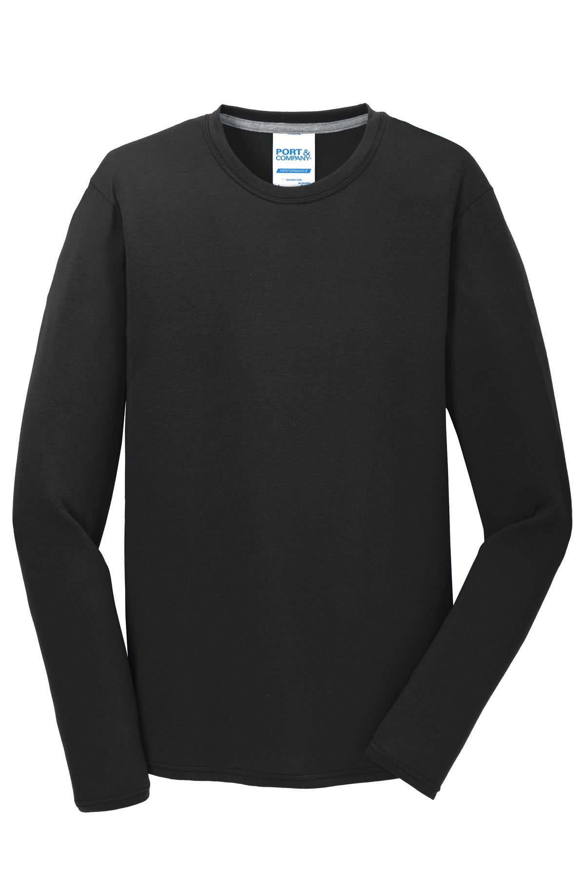Front View of Jet Black Port & Company Long Sleeve Performance Blend Tee. PC381LS