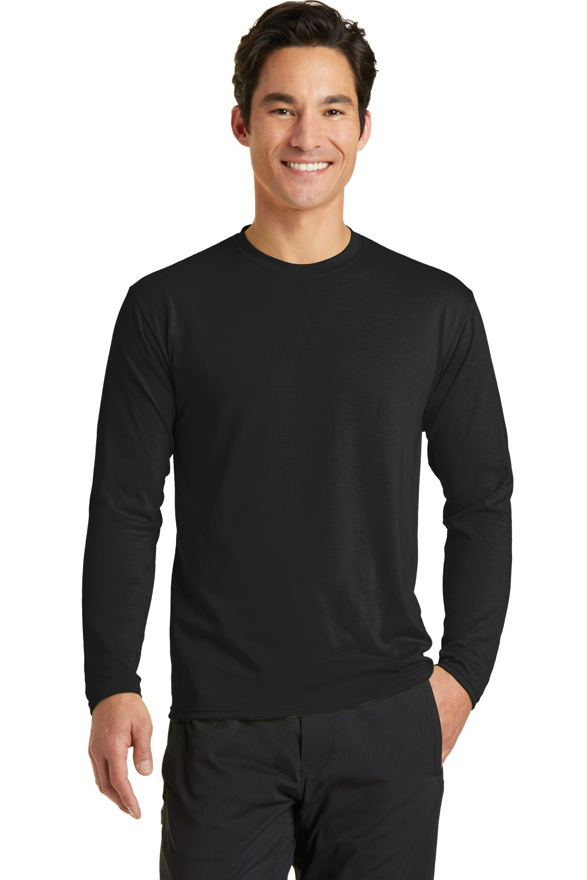 Front View of Jet Black Port & Company Long Sleeve Performance Blend Tee. PC381LS