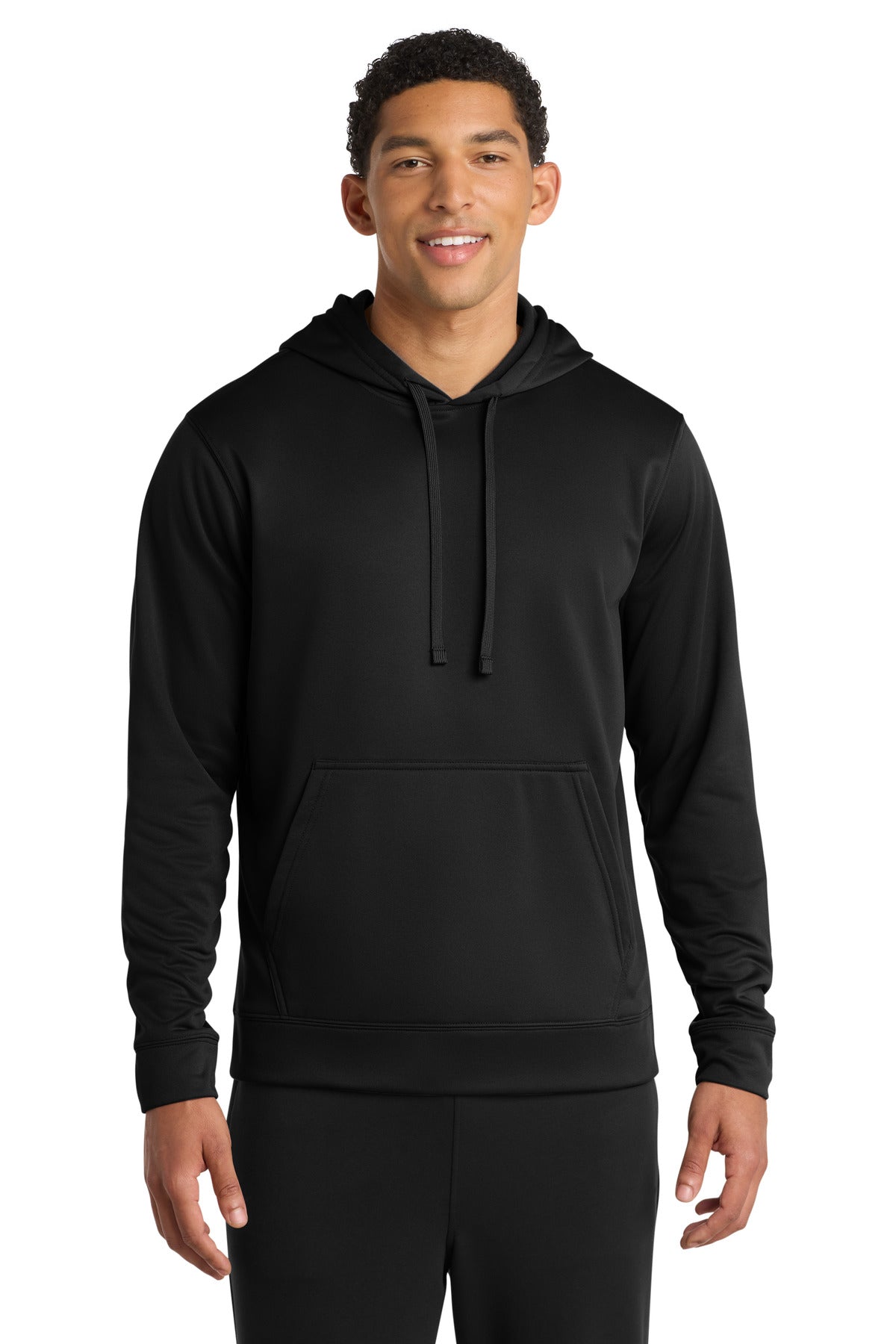 Front View of Jet Black Port & Company Performance Fleece Pullover Hooded Sweatshirt. PC590H