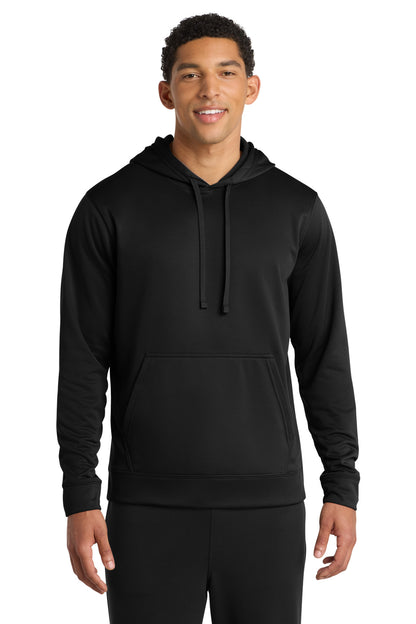 Front View of Jet Black Port & Company Performance Fleece Pullover Hooded Sweatshirt. PC590H