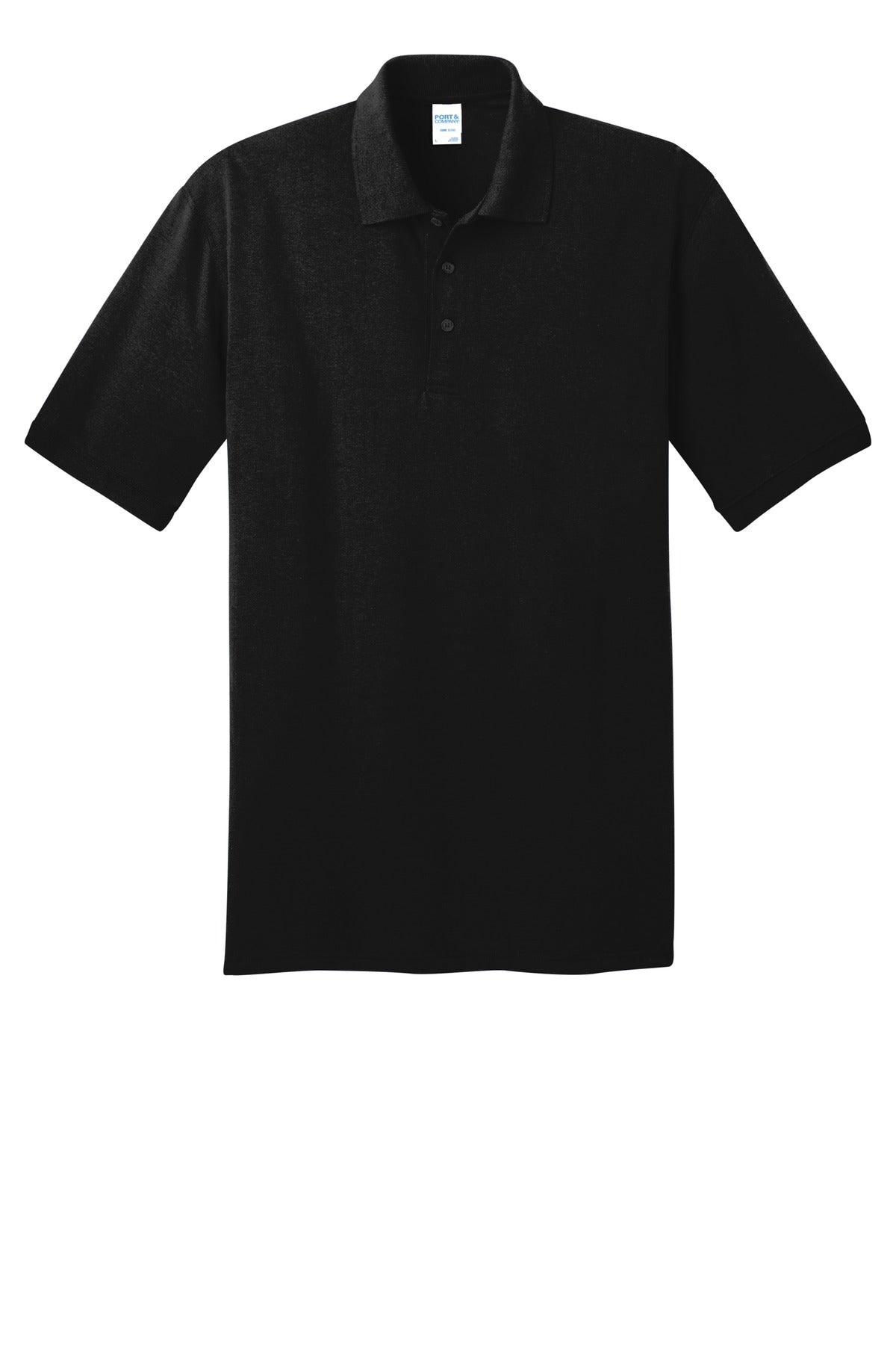 Front View of Jet Black Port & Company Tall Core Blend Jersey Knit Polo. KP55T