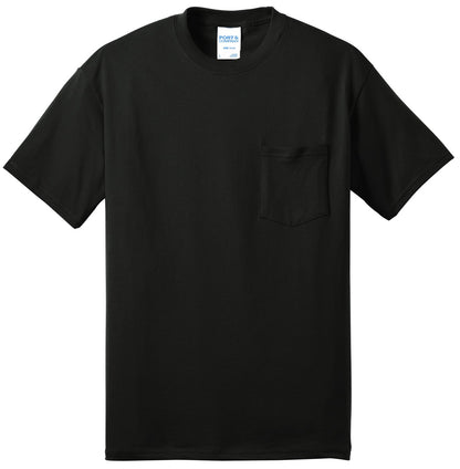 Front View of Jet Black Port & Company Tall Core Blend Pocket Tee. PC55PT