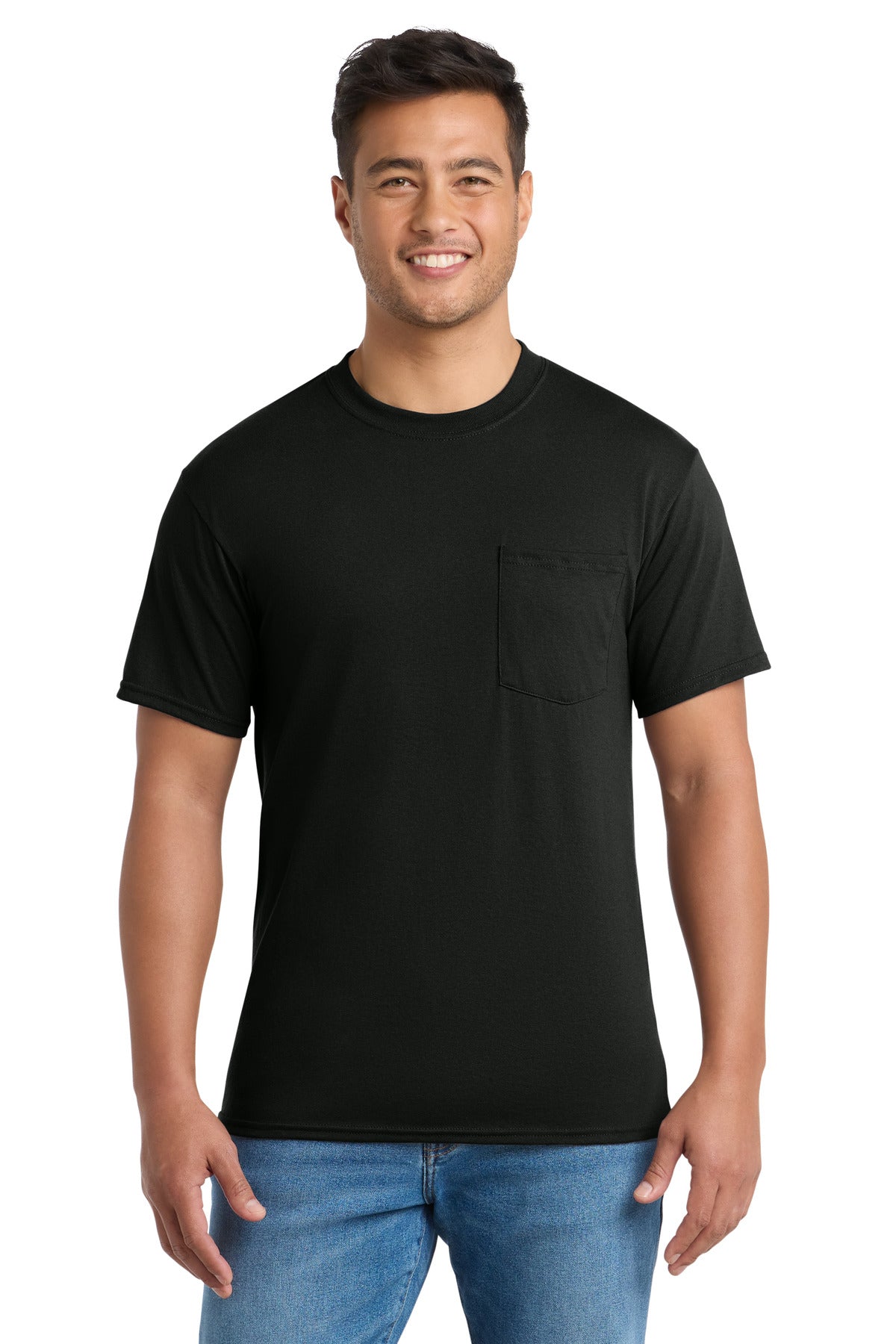 Front View of Jet Black Port & Company Tall Core Blend Pocket Tee. PC55PT