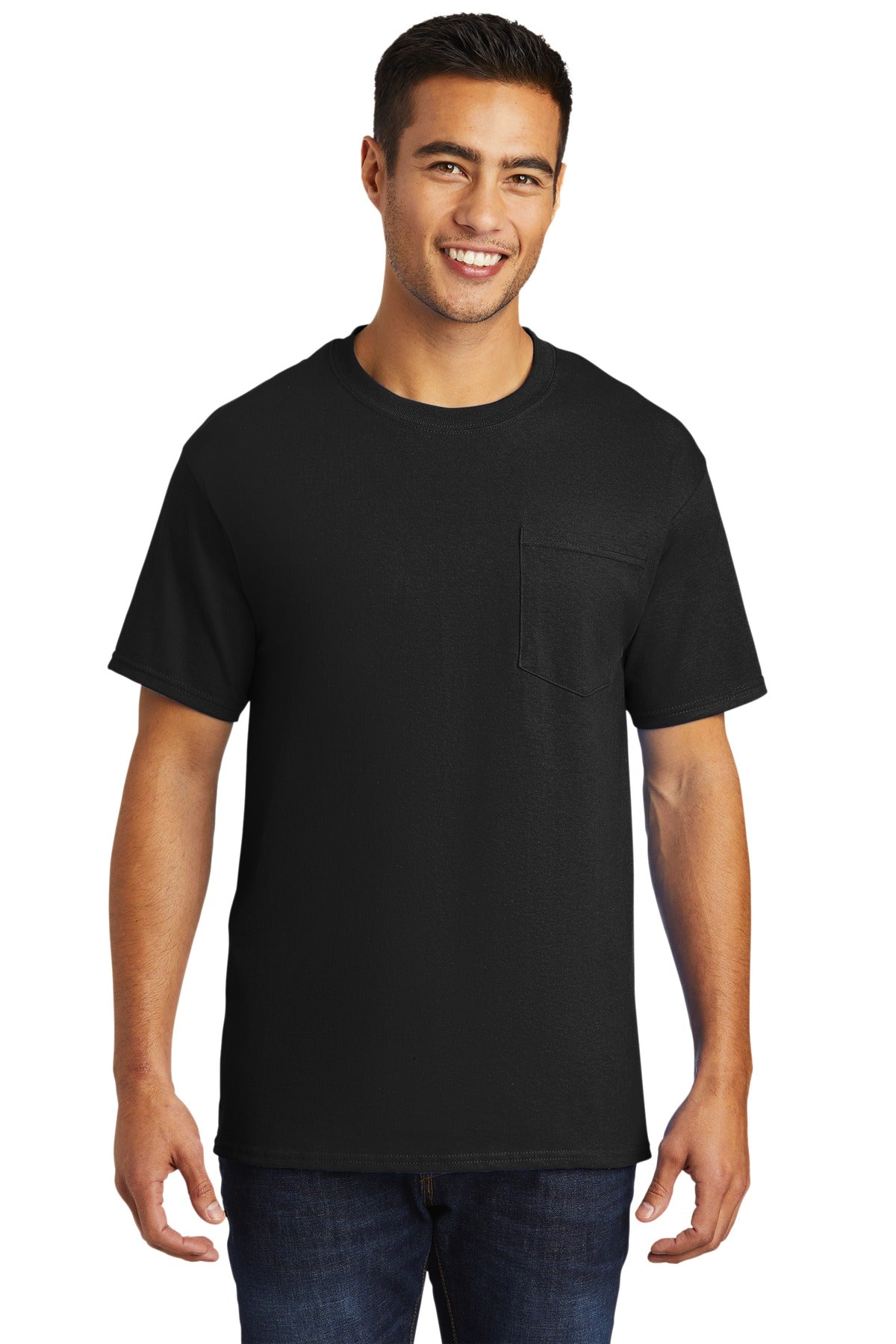 Front View of Jet Black Port & Company - Tall Essential Pocket Tee. PC61PT