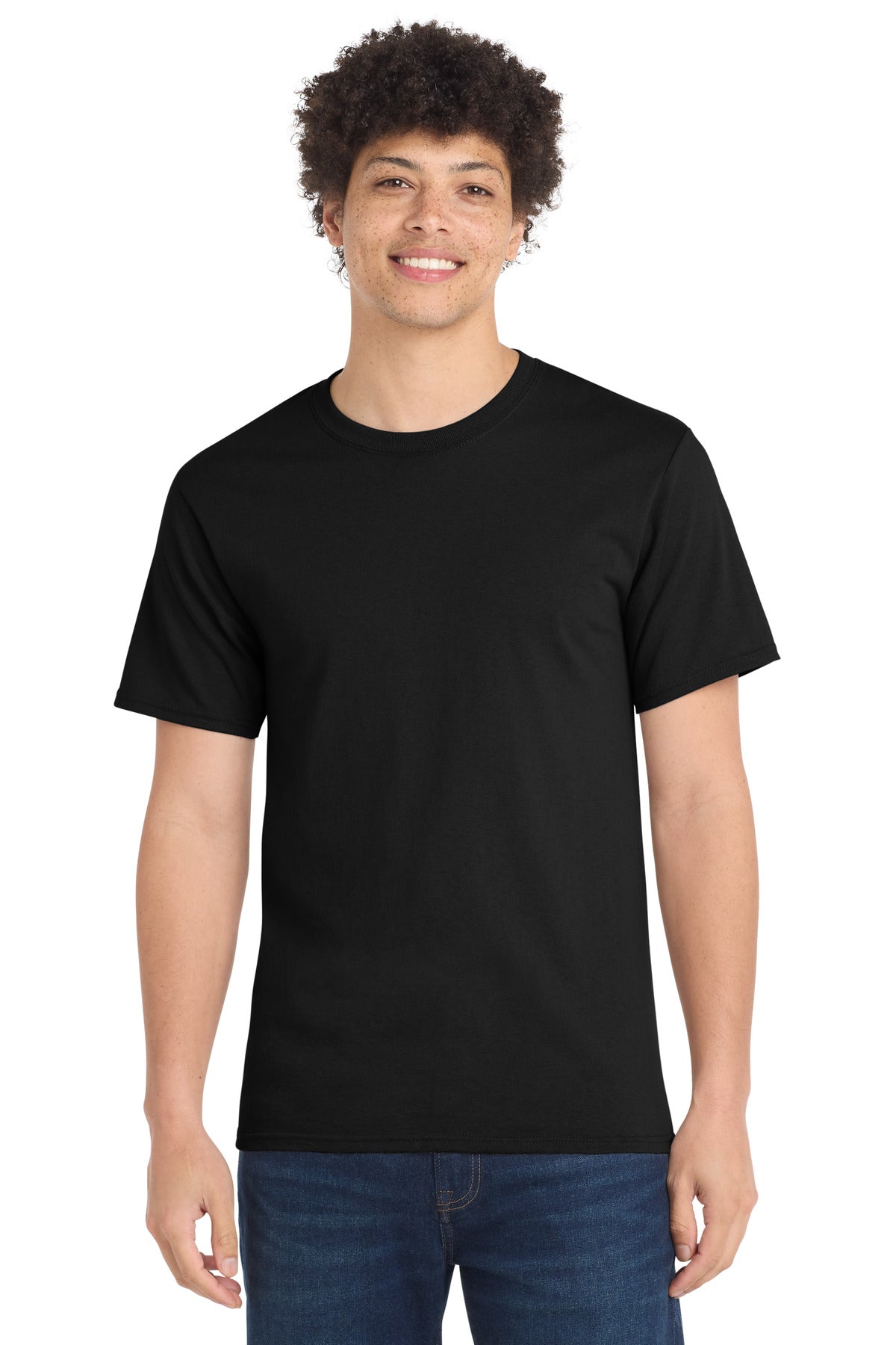 Front View of Jet Black Port & Company Tall Essential Tee. PC61T