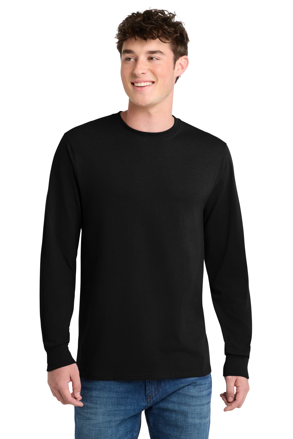 Front View of Jet Black Port & Company Tall Long Sleeve Core Blend Tee. PC55LST