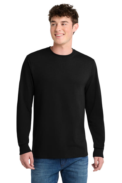 Front View of Jet Black Port & Company Tall Long Sleeve Core Blend Tee. PC55LST