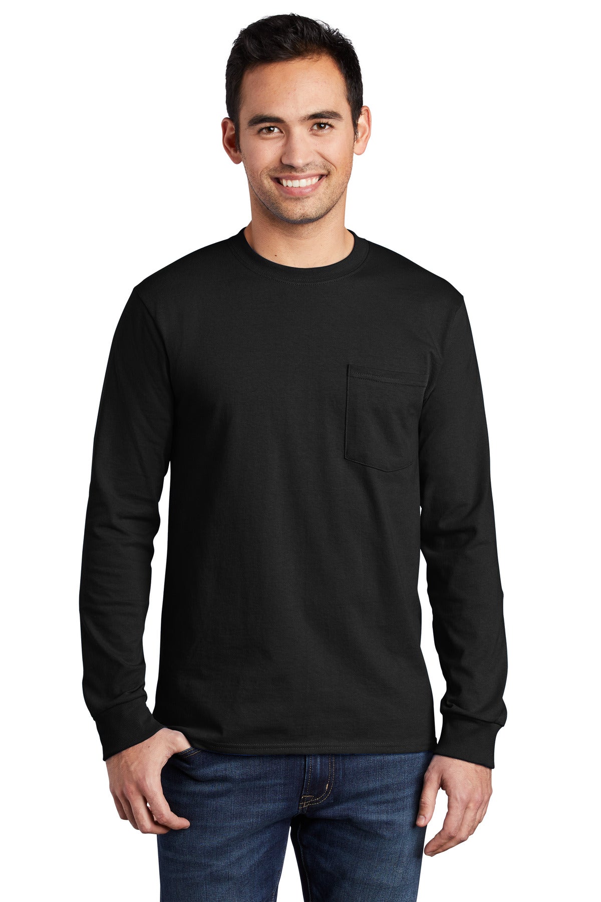 Front View of Jet Black Port & Company Tall Long Sleeve Essential Pocket Tee. PC61LSPT