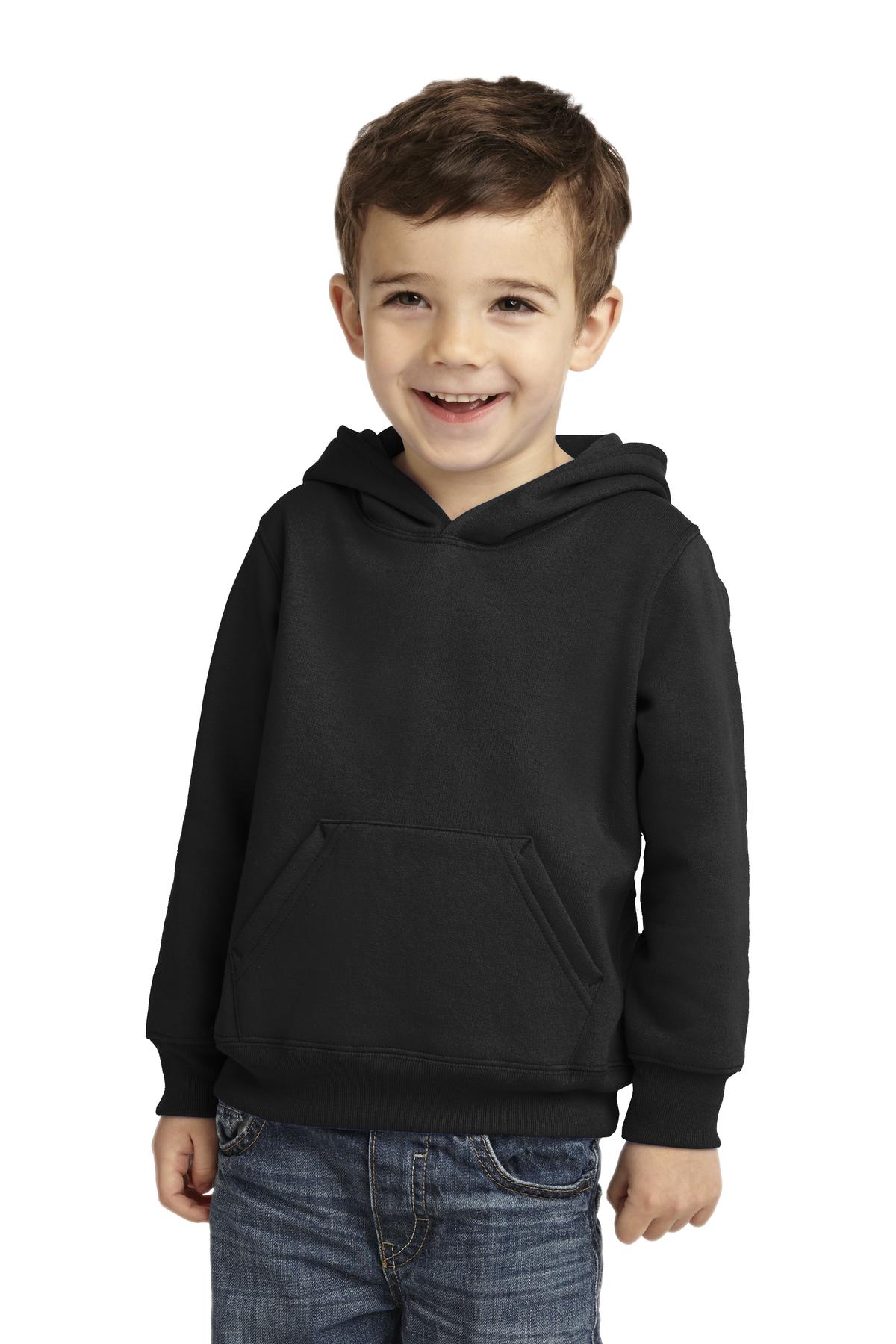 Front View of Jet Black Port & Company Toddler Core Fleece Pullover Hooded Sweatshirt. CAR78TH