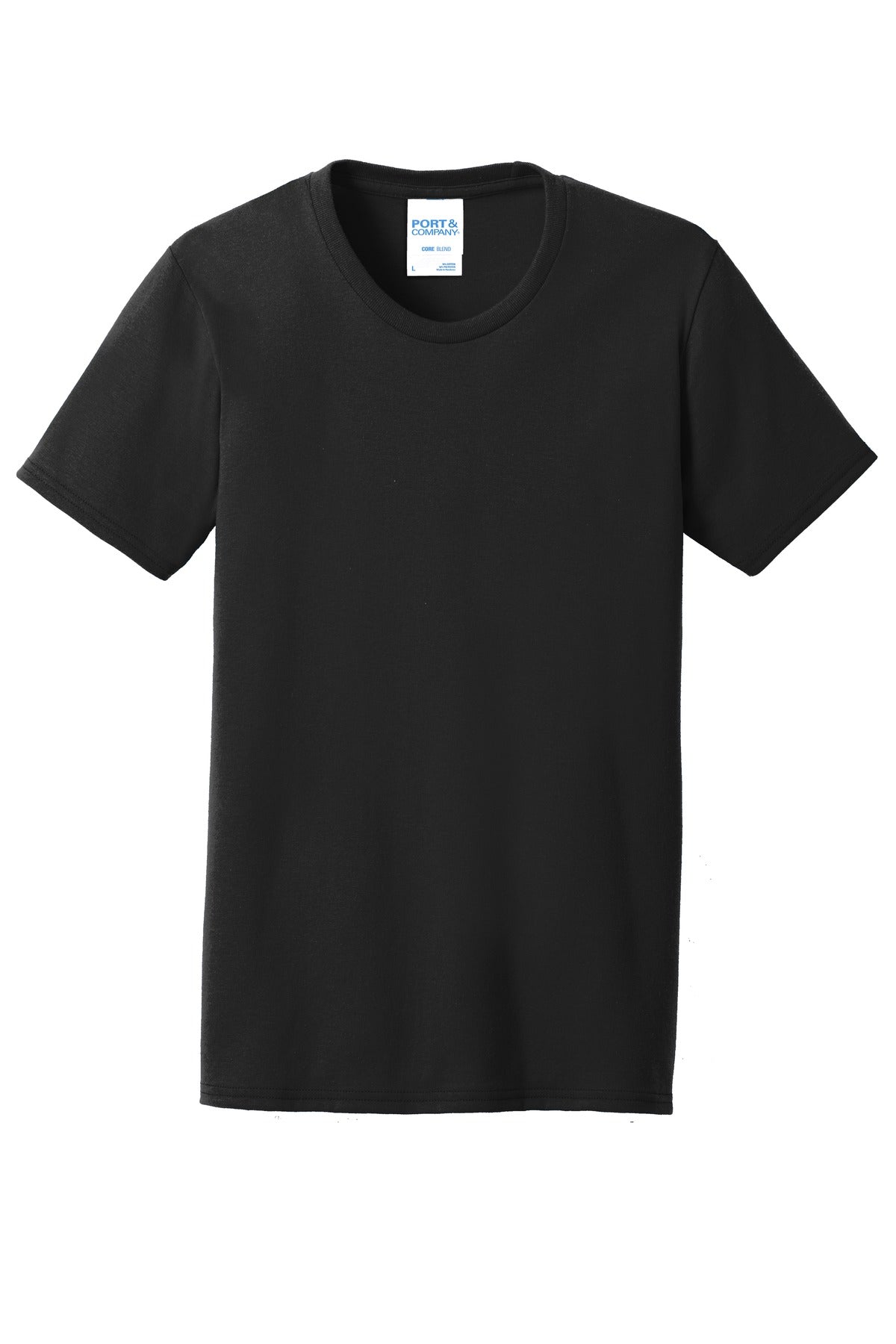 Front View of Jet Black Port & Company Women's Core Blend Tee. LPC55