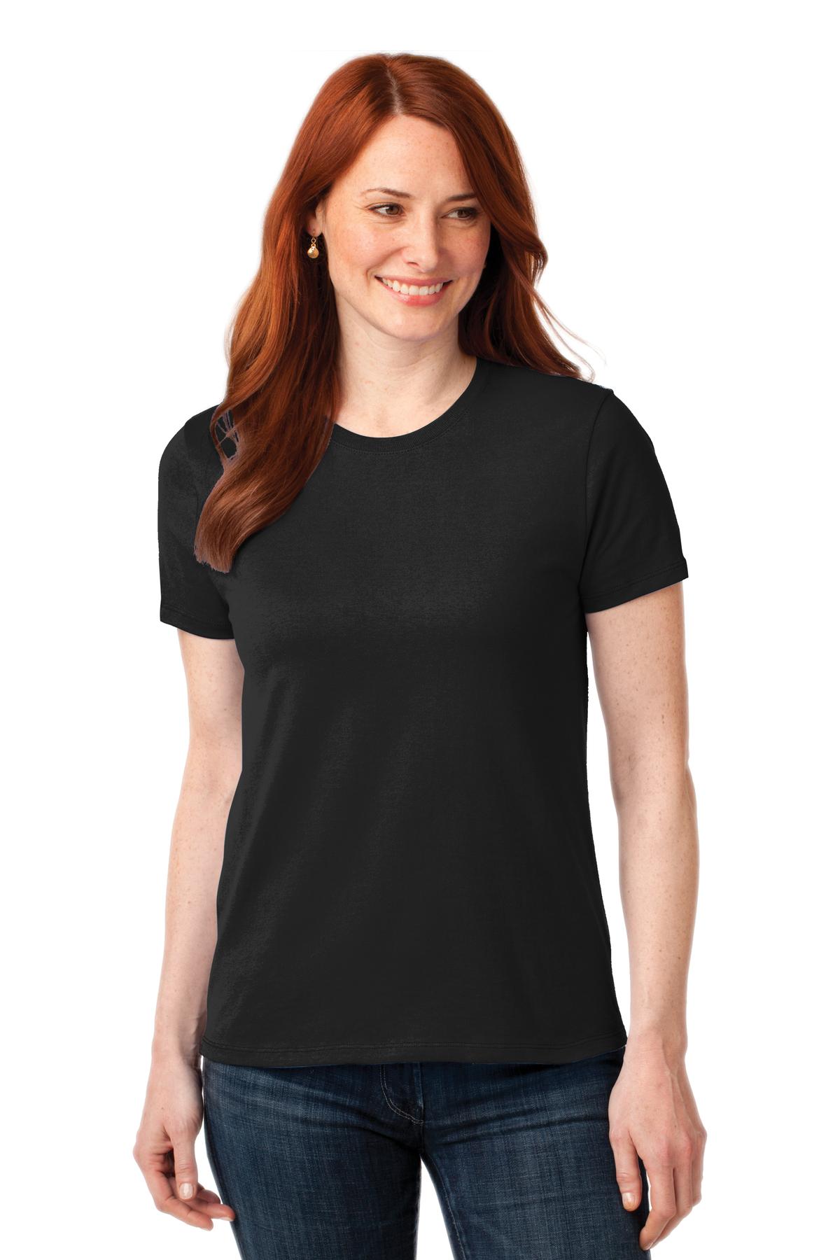 Front View of Jet Black Port & Company Women's Core Blend Tee. LPC55