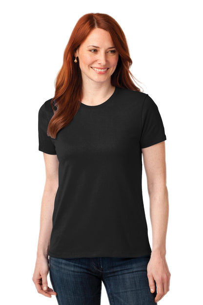 Front View of Jet Black Port & Company Women's Core Blend Tee. LPC55
