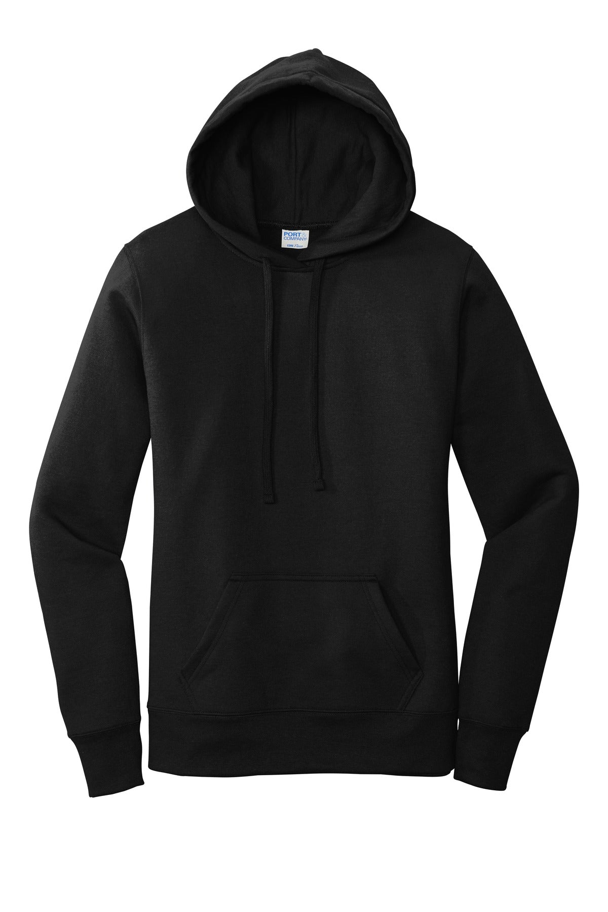Front View of Jet Black Port & Company Women's Core Fleece Pullover Hooded Sweatshirt LPC78H