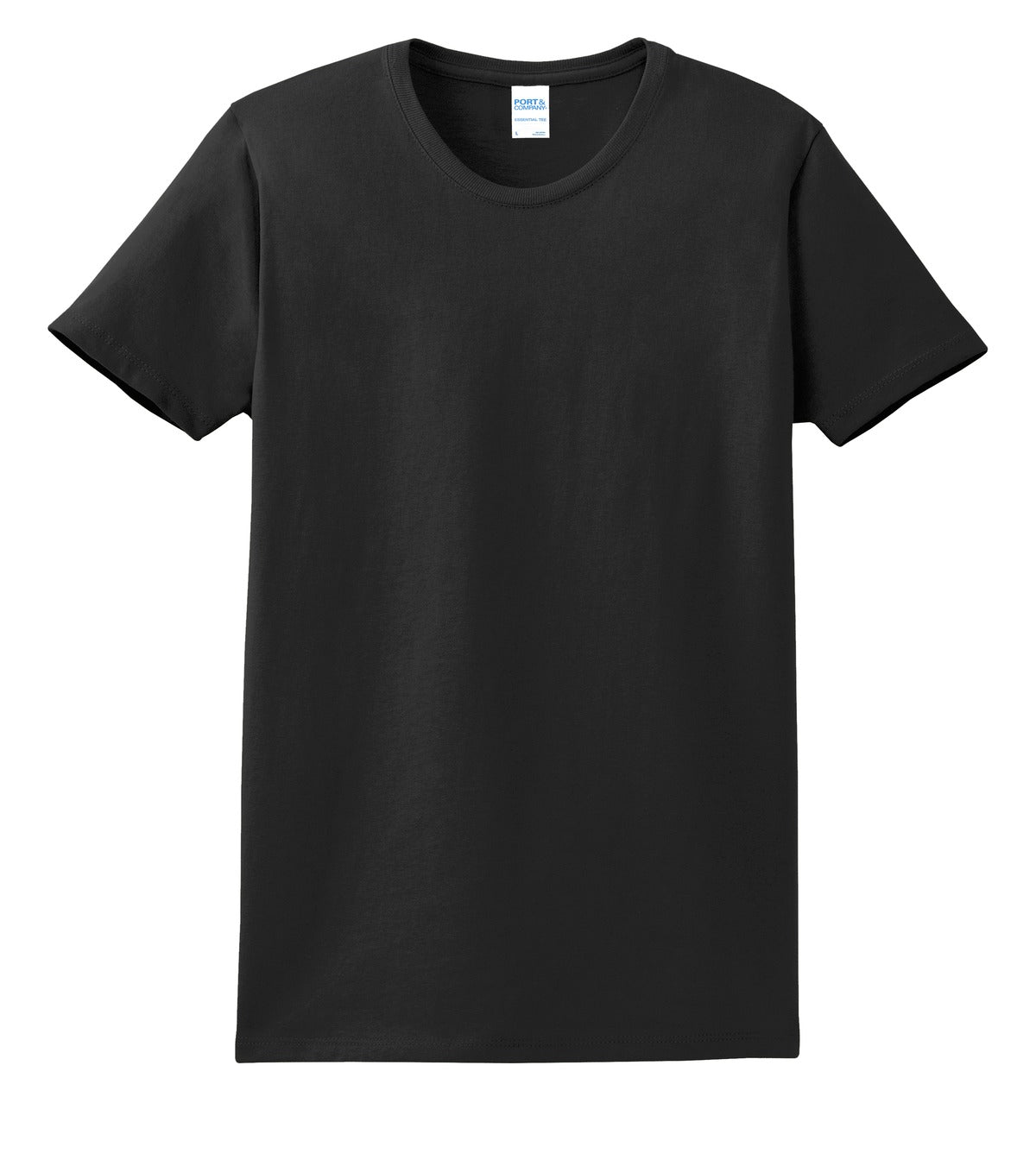 Front View of Jet Black Port & Company Women's Essential Tee. LPC61