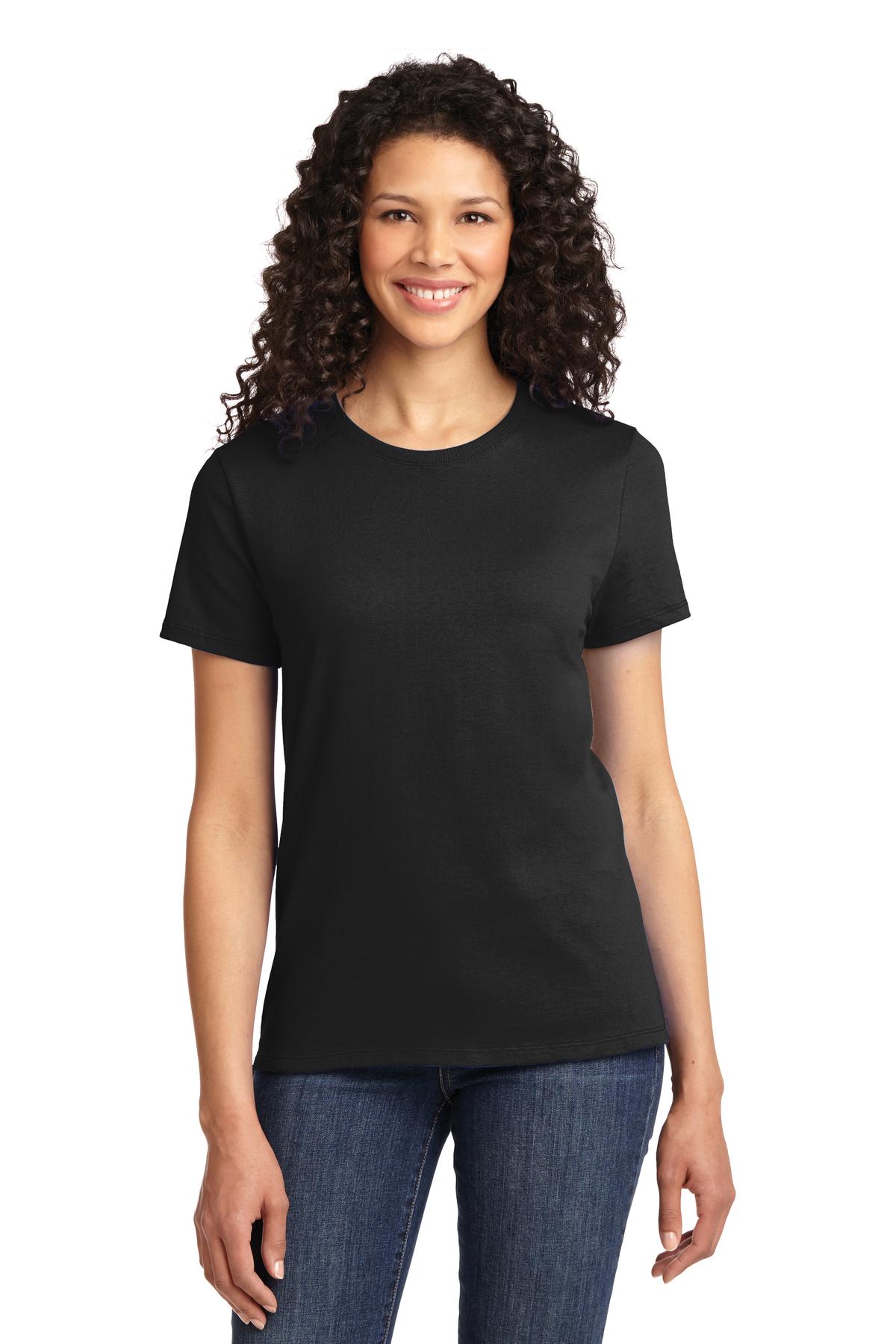 Front View of Jet Black Port & Company Women's Essential Tee. LPC61
