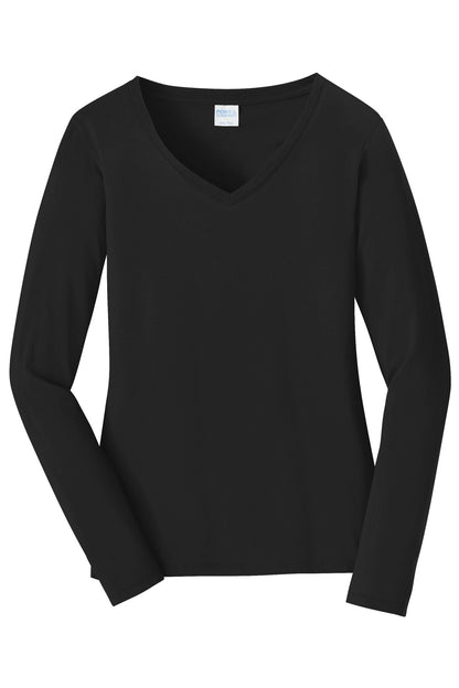 Front View of Jet Black Port & Company Women's Long Sleeve Fan Favorite V-Neck Tee. LPC450VLS