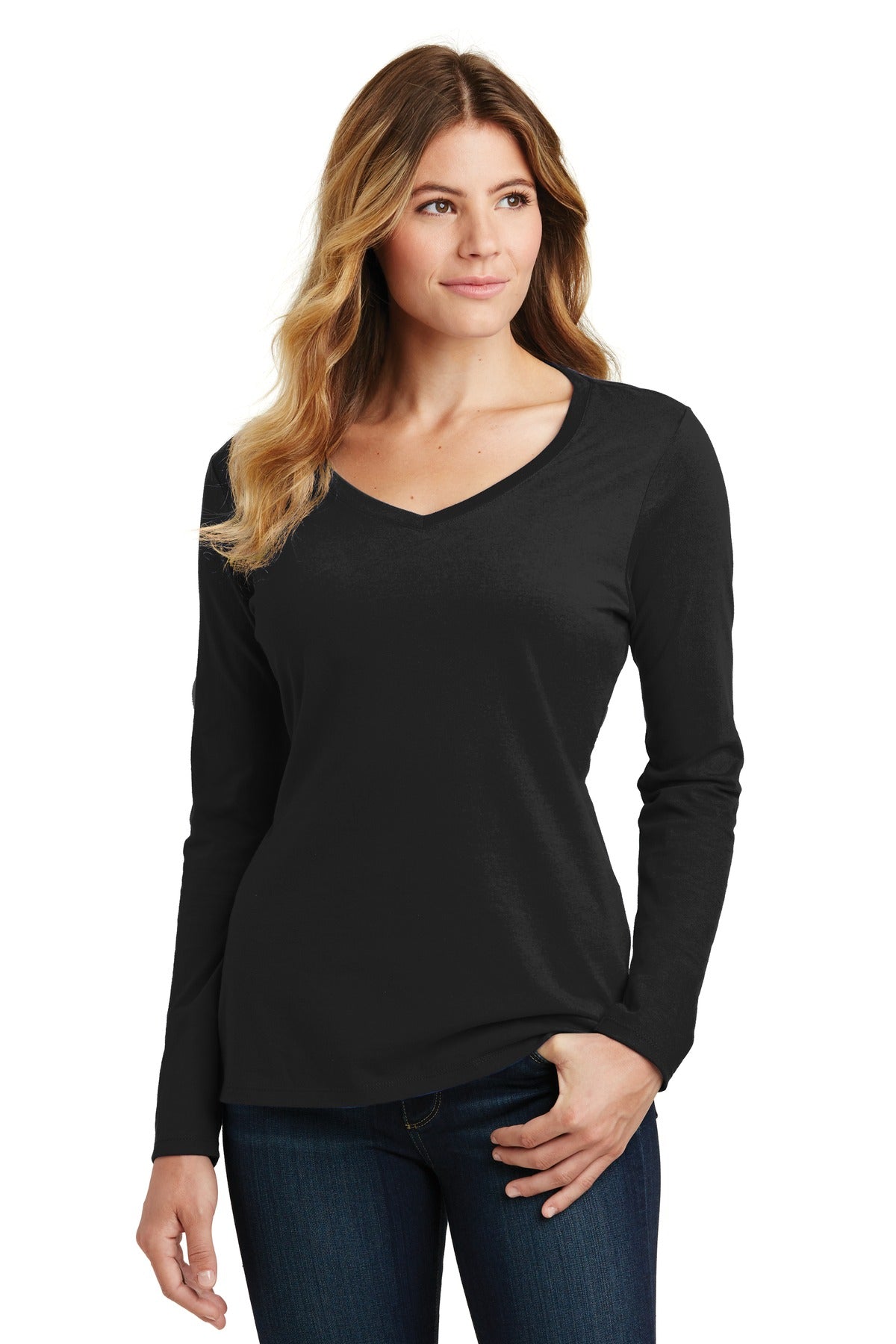 Front View of Jet Black Port & Company Women's Long Sleeve Fan Favorite V-Neck Tee. LPC450VLS