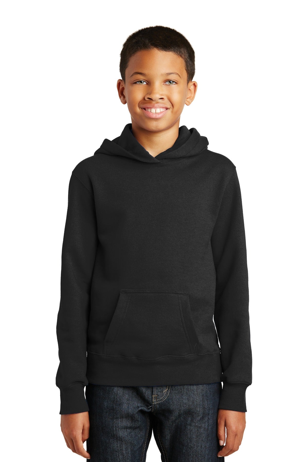 Front View of Jet Black Port & Company Youth Fan Favorite Fleece Pullover Hooded Sweatshirt. PC850YH