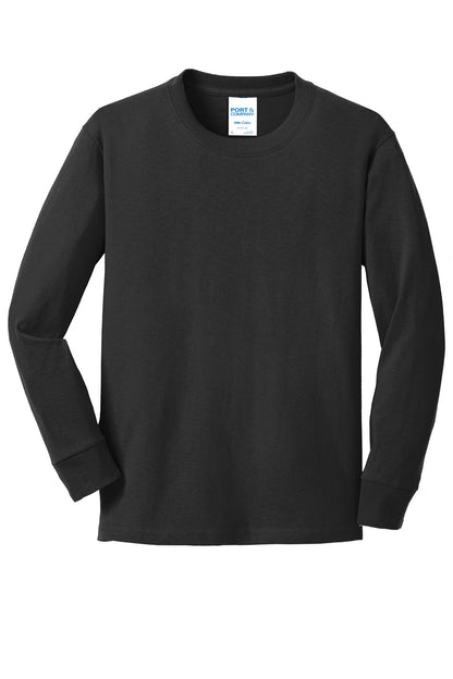 Front View of Jet Black Port & Company Youth Long Sleeve Core Cotton Tee. PC54YLS