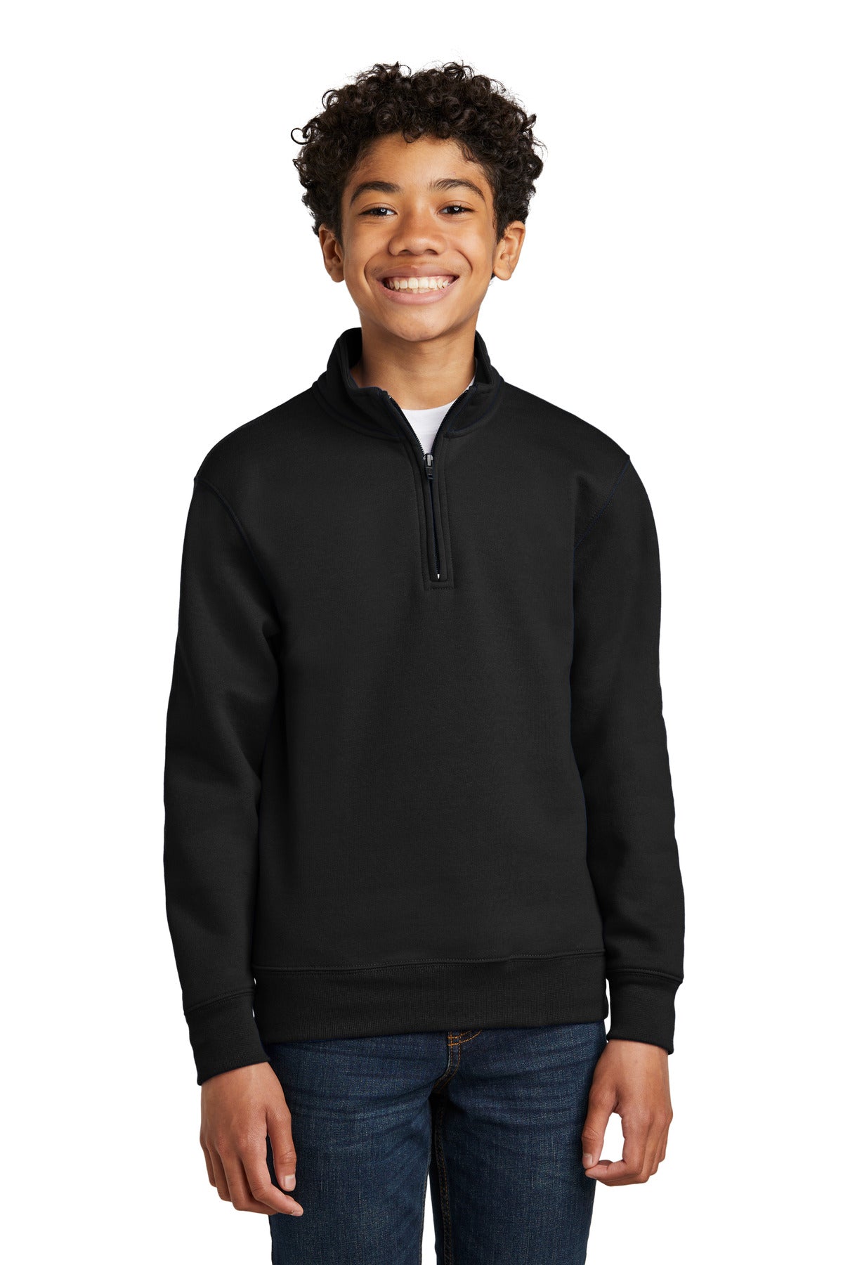 Front View of JetBlack Port & Company Youth Core Fleece 1/4-Zip Pullover Sweatshirt PC78YQ