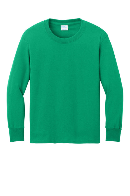 Front View of Kelly Port & Company Youth Long Sleeve Core Cotton Tee. PC54YLS