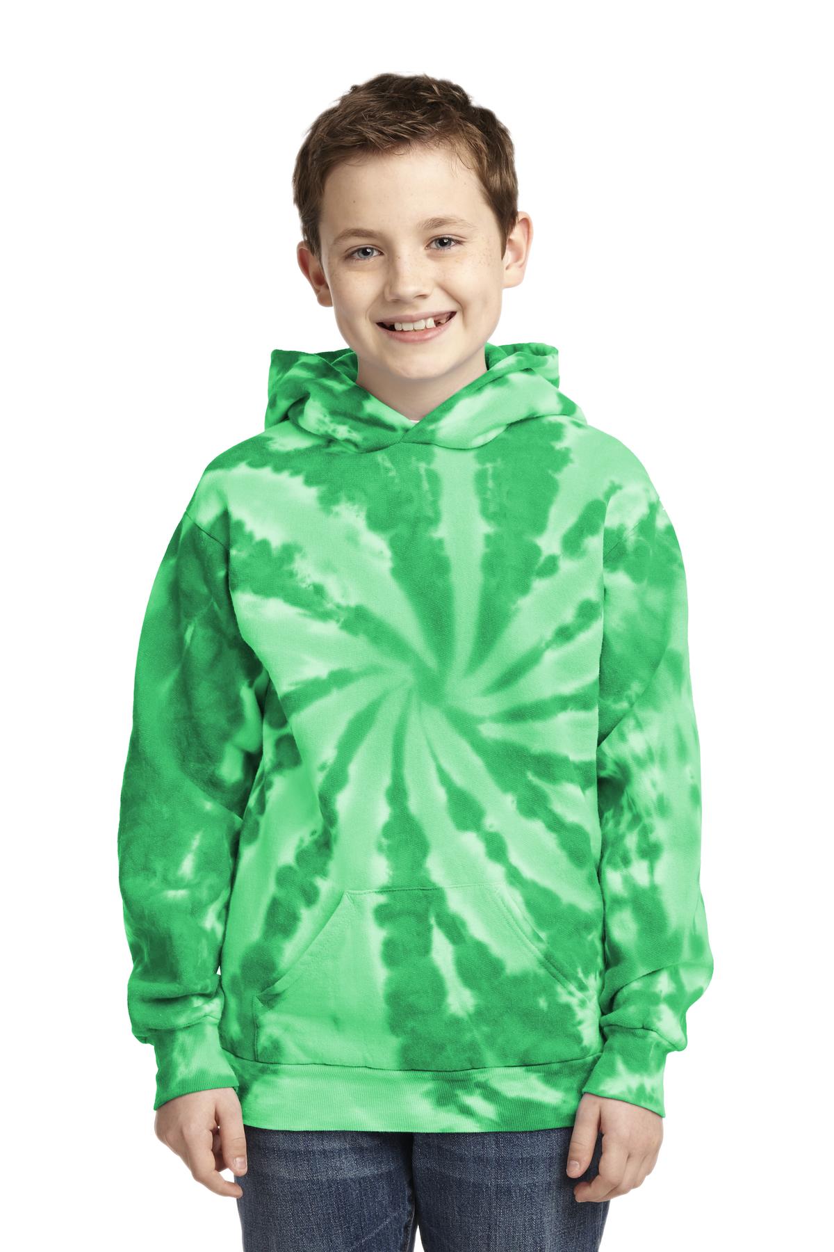 Front View of Kelly Port & Company Youth Tie-Dye Pullover Hooded Sweatshirt. PC146Y