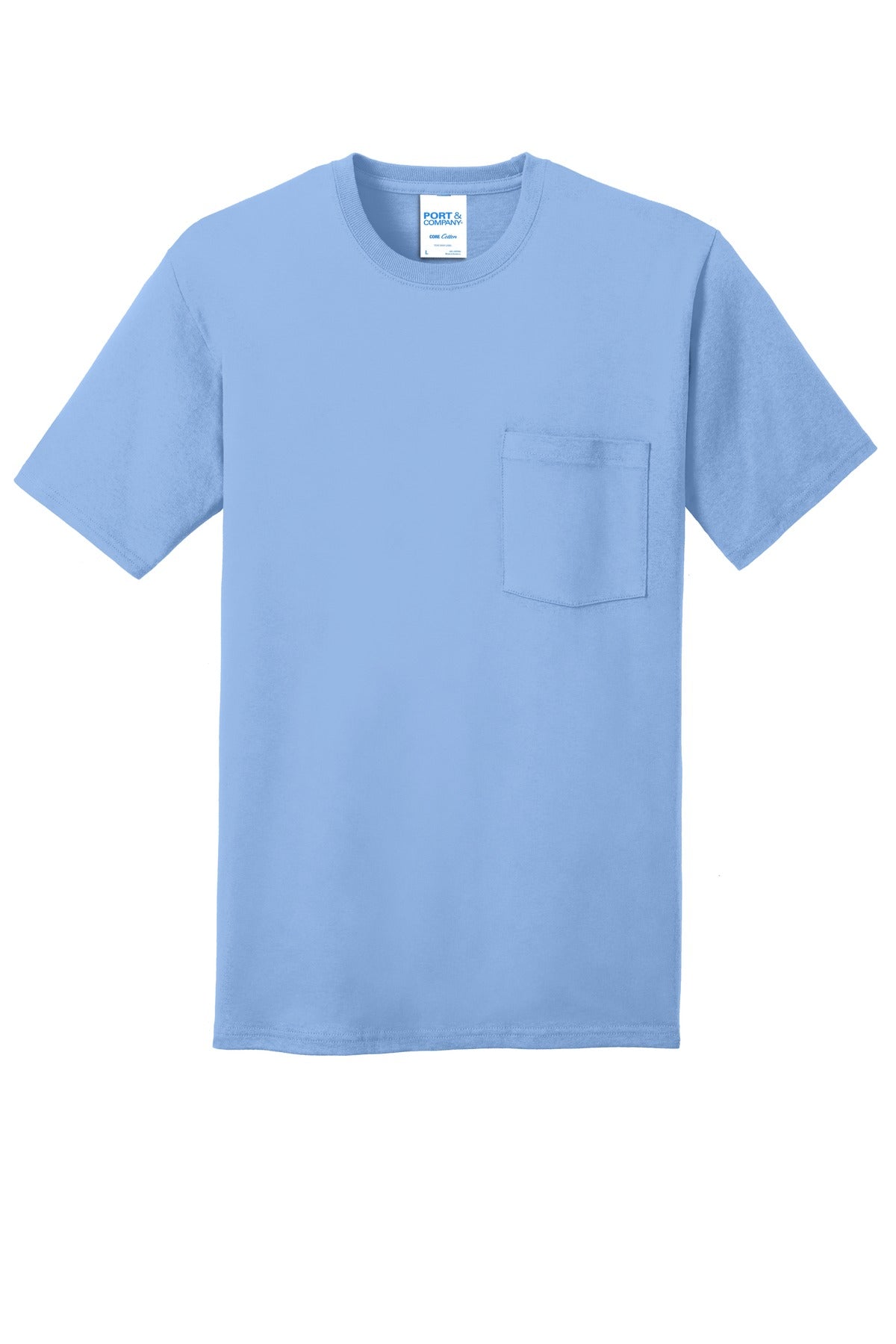 Front View of Light Blue Port & Company Core Cotton Pocket Tee. PC54P