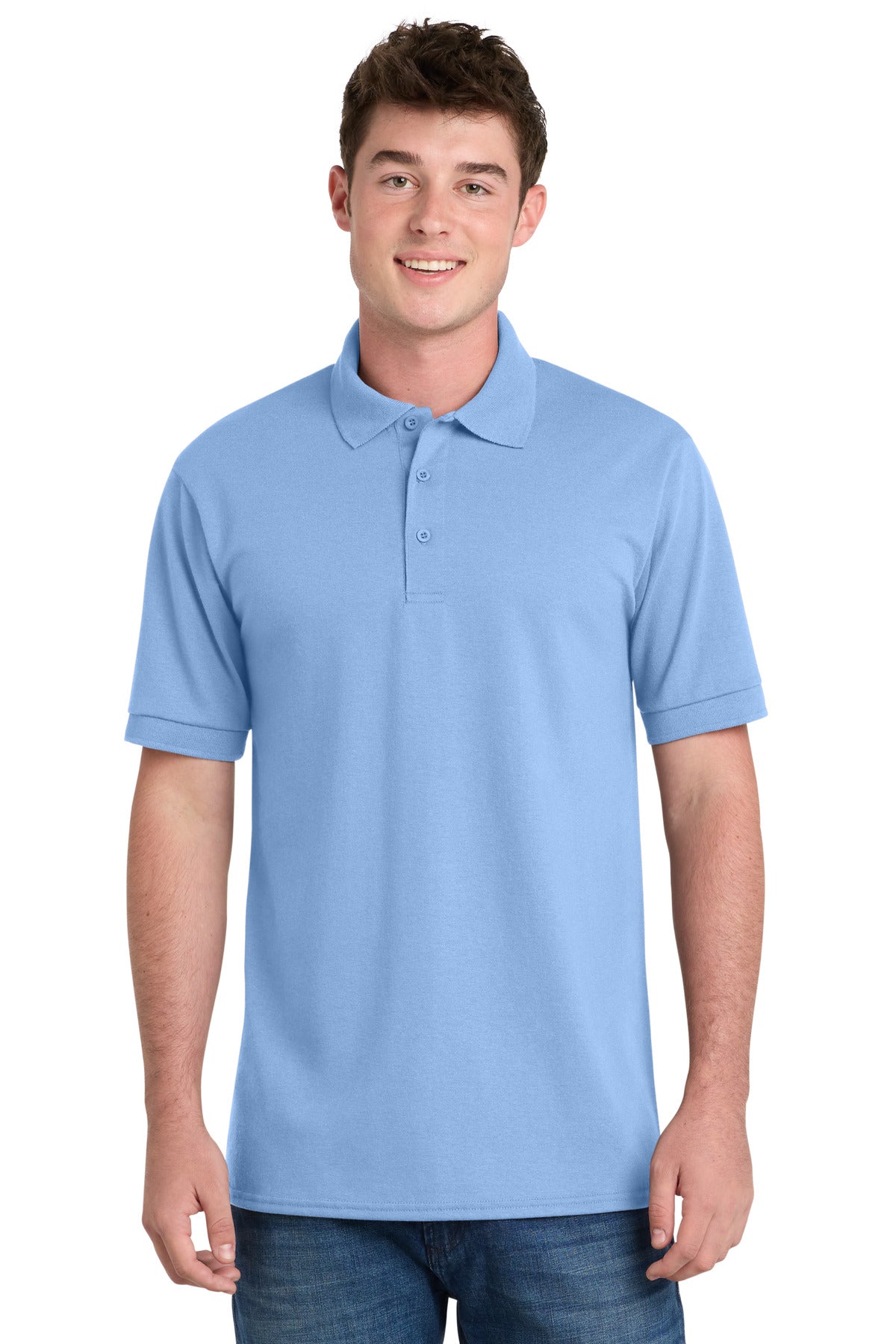 Front View of Light Blue Port & Company Tall Core Blend Jersey Knit Polo. KP55T