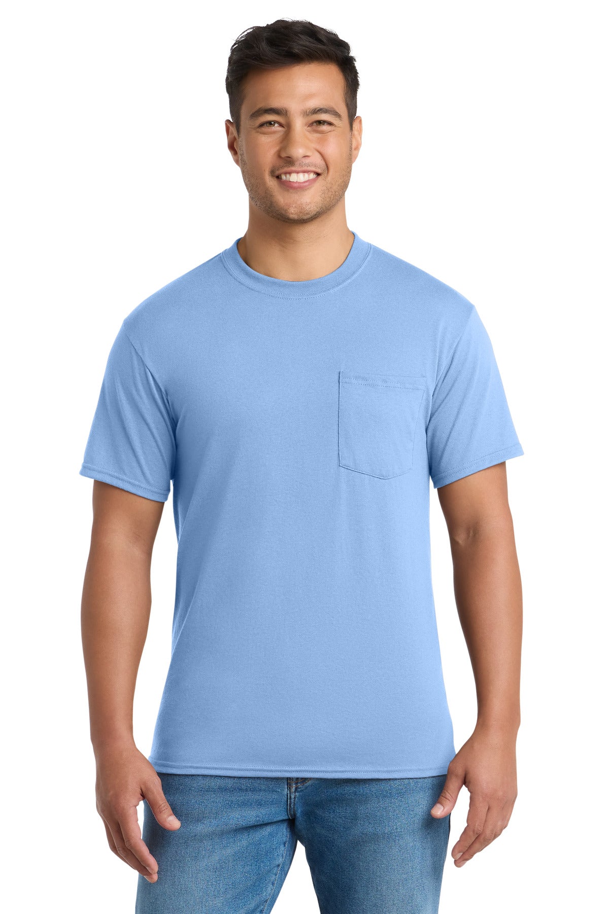 Front View of Light Blue Port & Company Tall Core Blend Pocket Tee. PC55PT