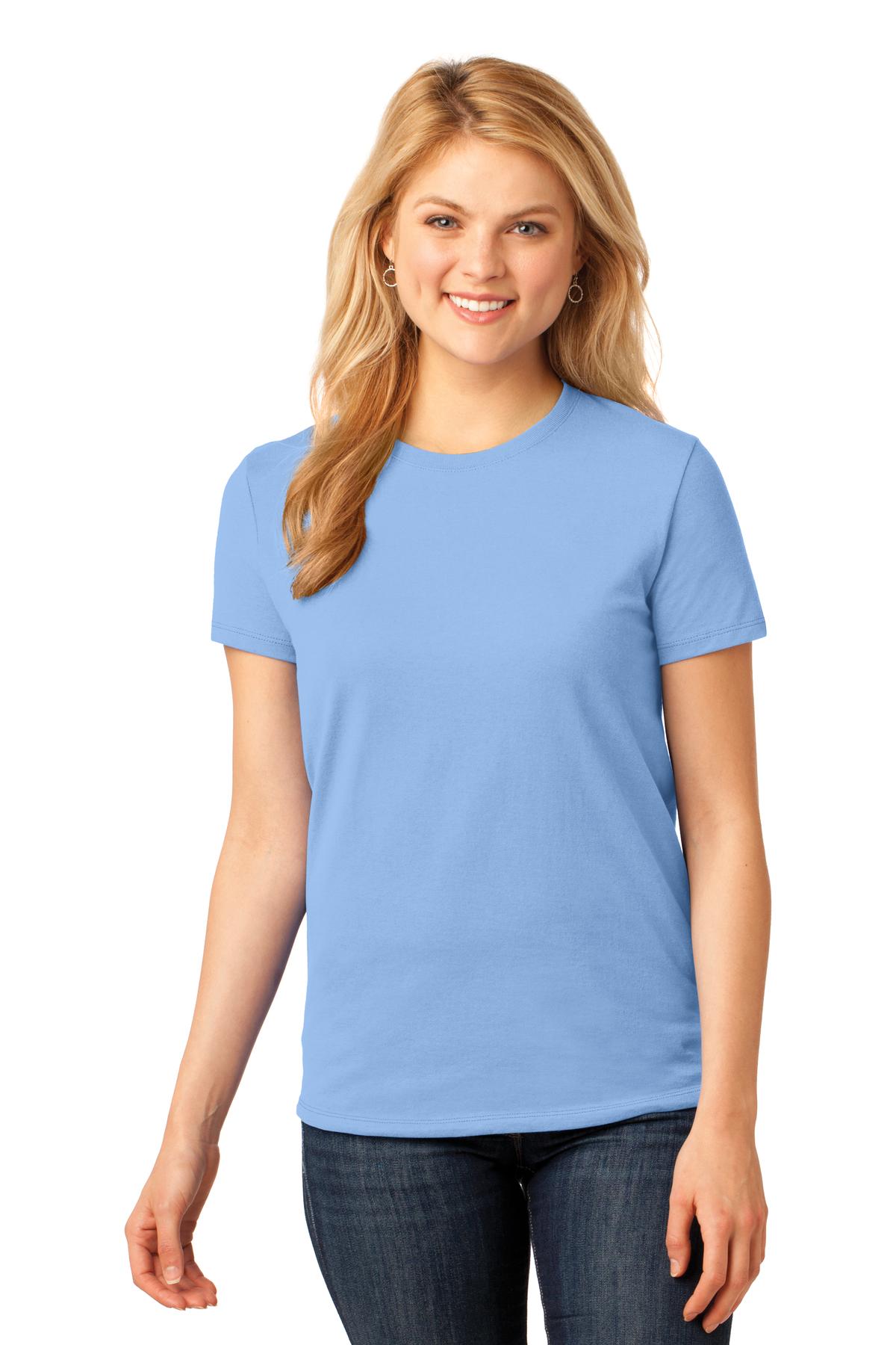 Front View of Light Blue Port & Company Women's Core Cotton Tee. LPC54