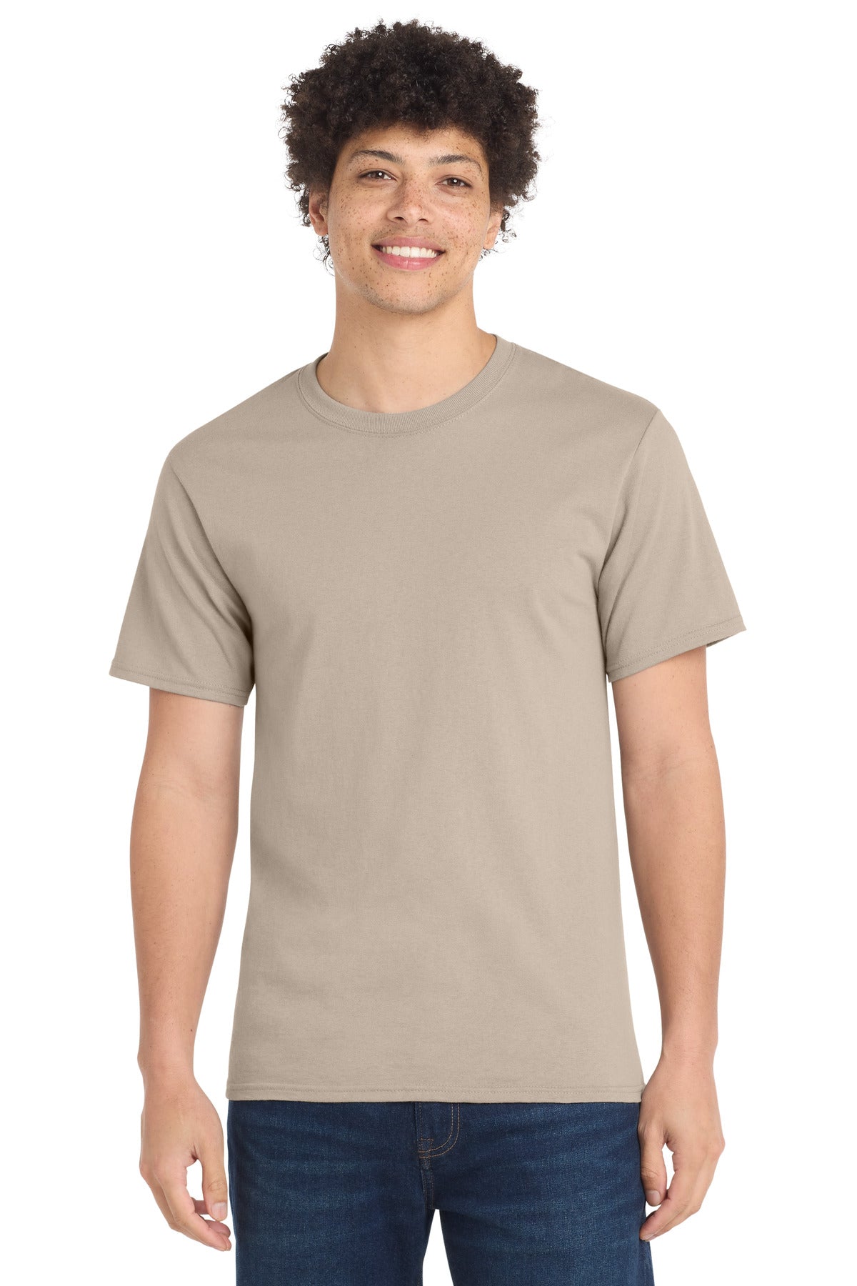 Front View of Light Sand Port & Company Tall Essential Tee. PC61T