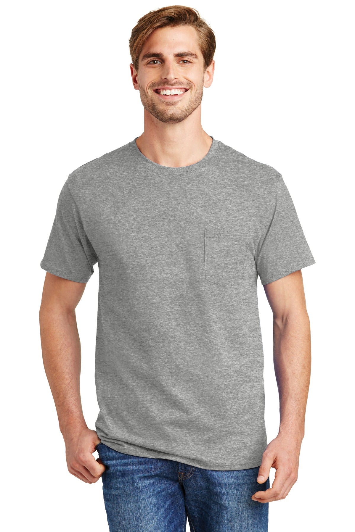 Front View of Light Steel Hanes - Authentic 100% Cotton T-Shirt with Pocket. 5590