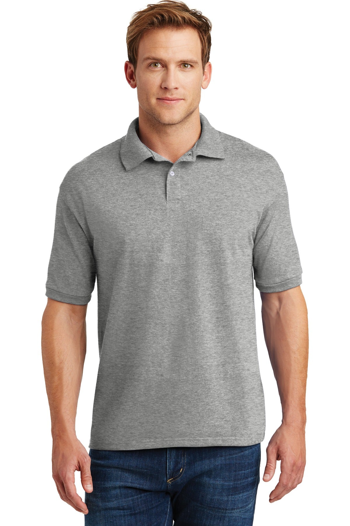 Front View of Light Steel Hanes EcoSmart - 5.2-Ounce Jersey Knit Sport Shirt 054X