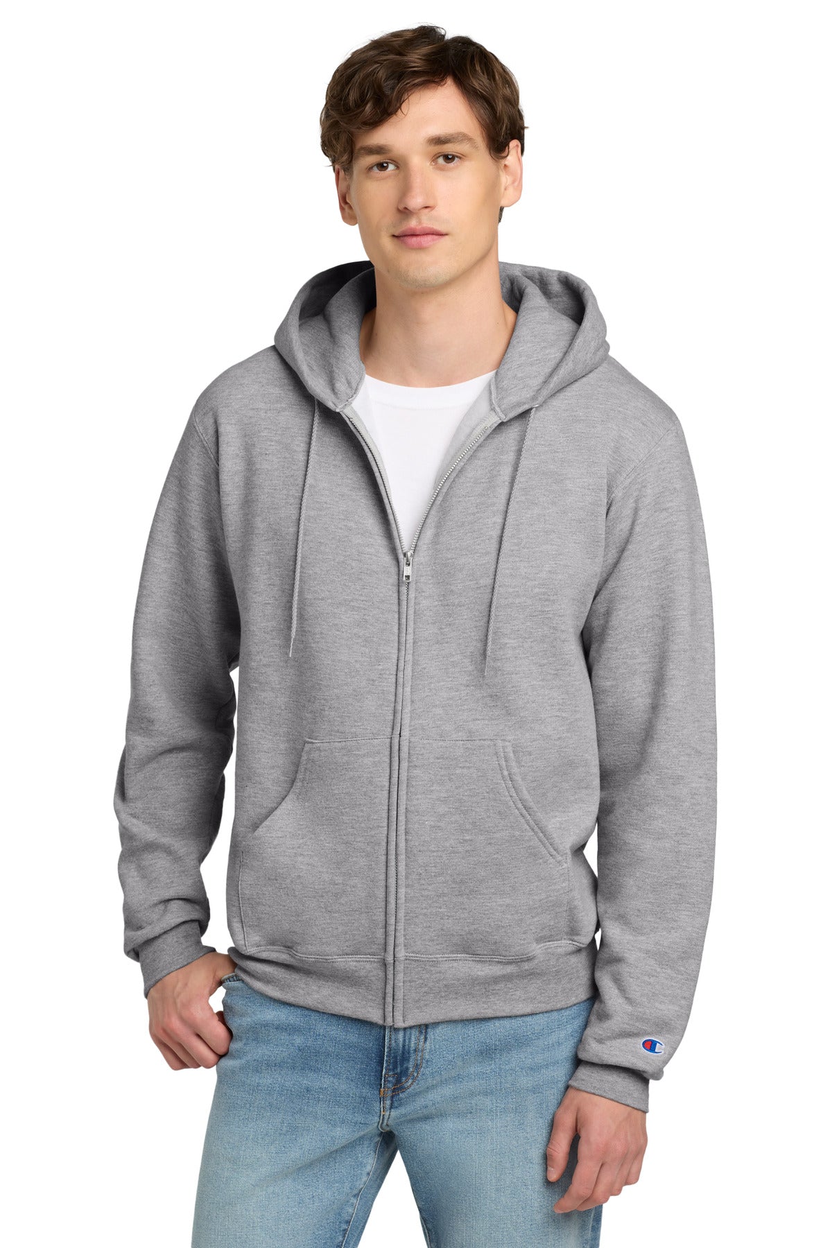 Front View of LightSteel Champion Powerblend Full-Zip Hoodie.S800