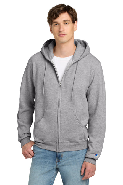Front View of LightSteel Champion Powerblend Full-Zip Hoodie.S800